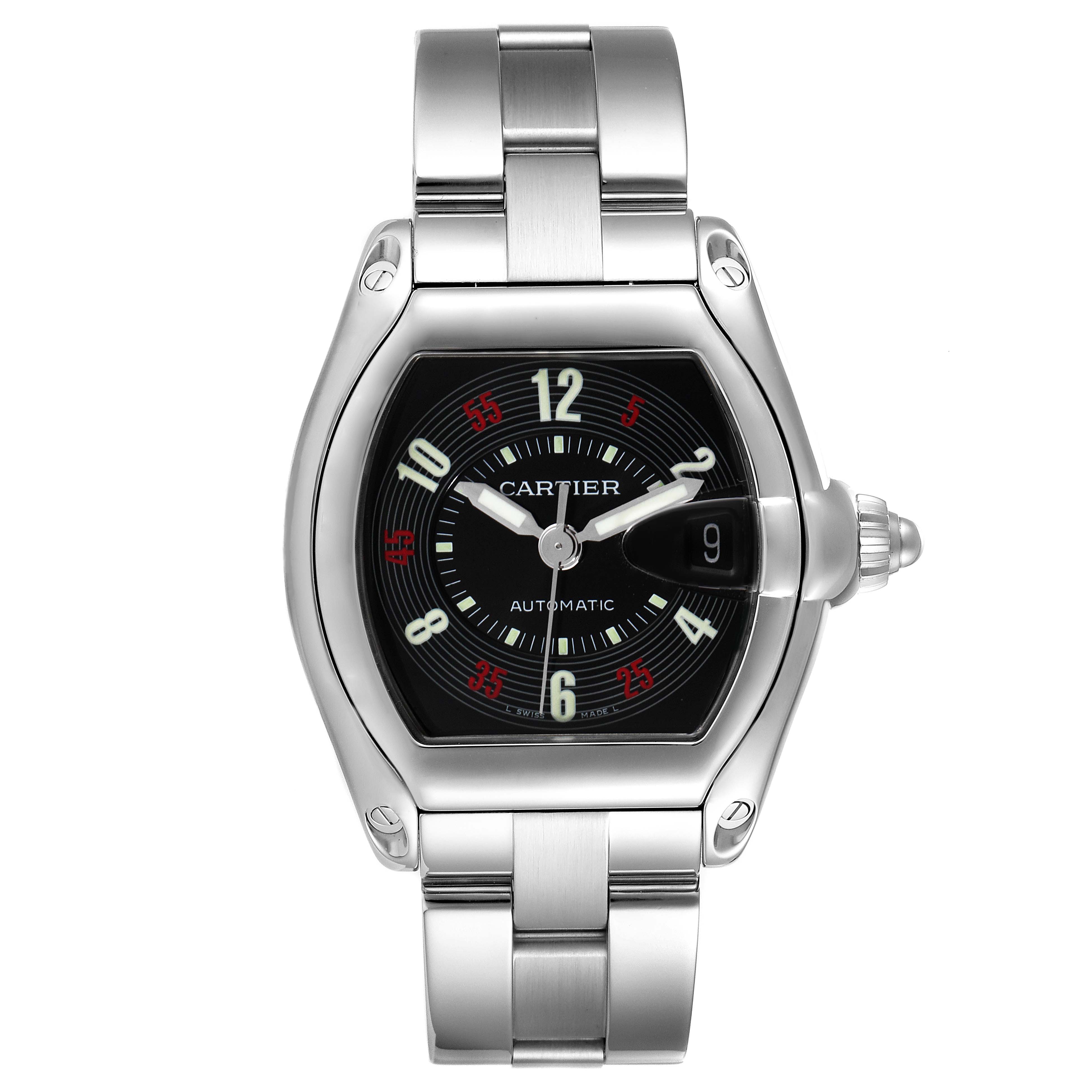 The Cartier Roadster W62002V3 Men
s Stainless Steel Black Dial W62002V3 Men
s Stainless Steel Black Dial watch is shown from a top-down angle, highlighting the face, bezel, and bracelet.