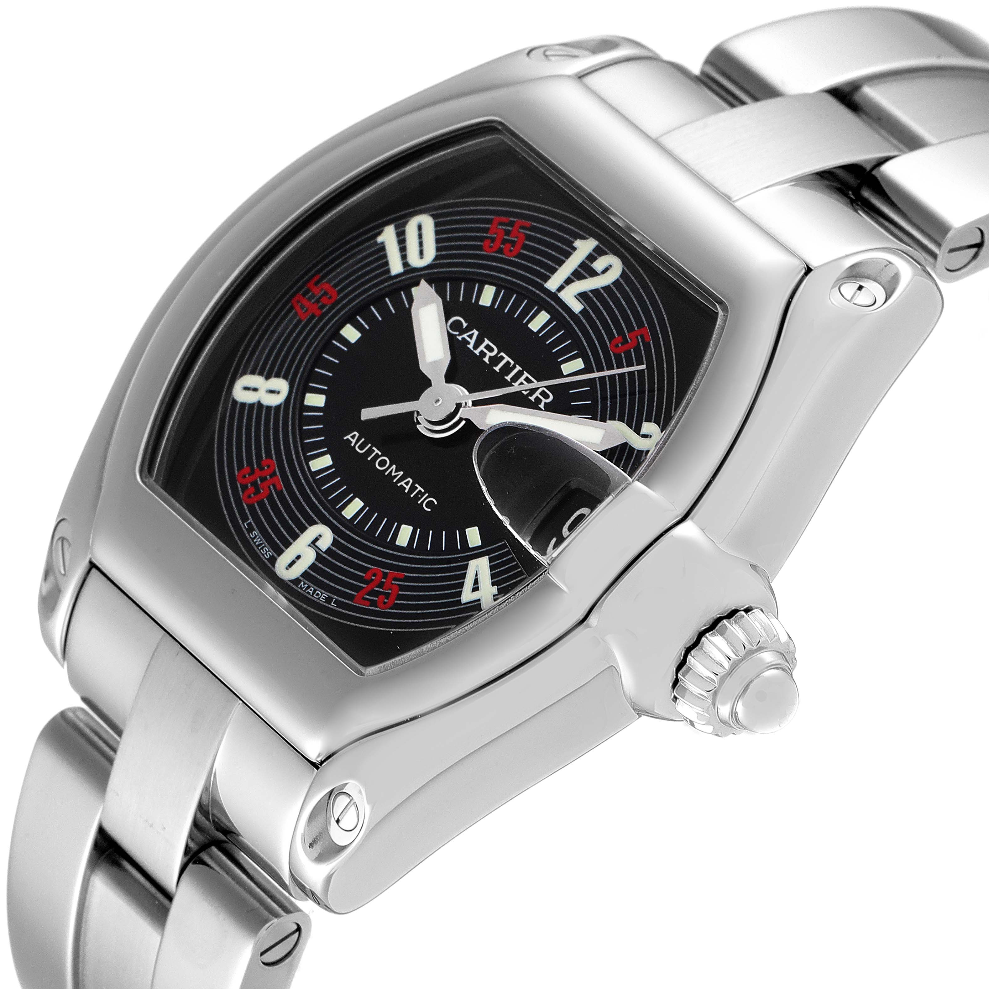 The image shows a close-up angled view of the Cartier Roadster W62002V3 Men
s Stainless Steel Black Dial W62002V3 Men
s Stainless Steel Black Dial watch, highlighting the dial, case, crown, and part of the bracelet.