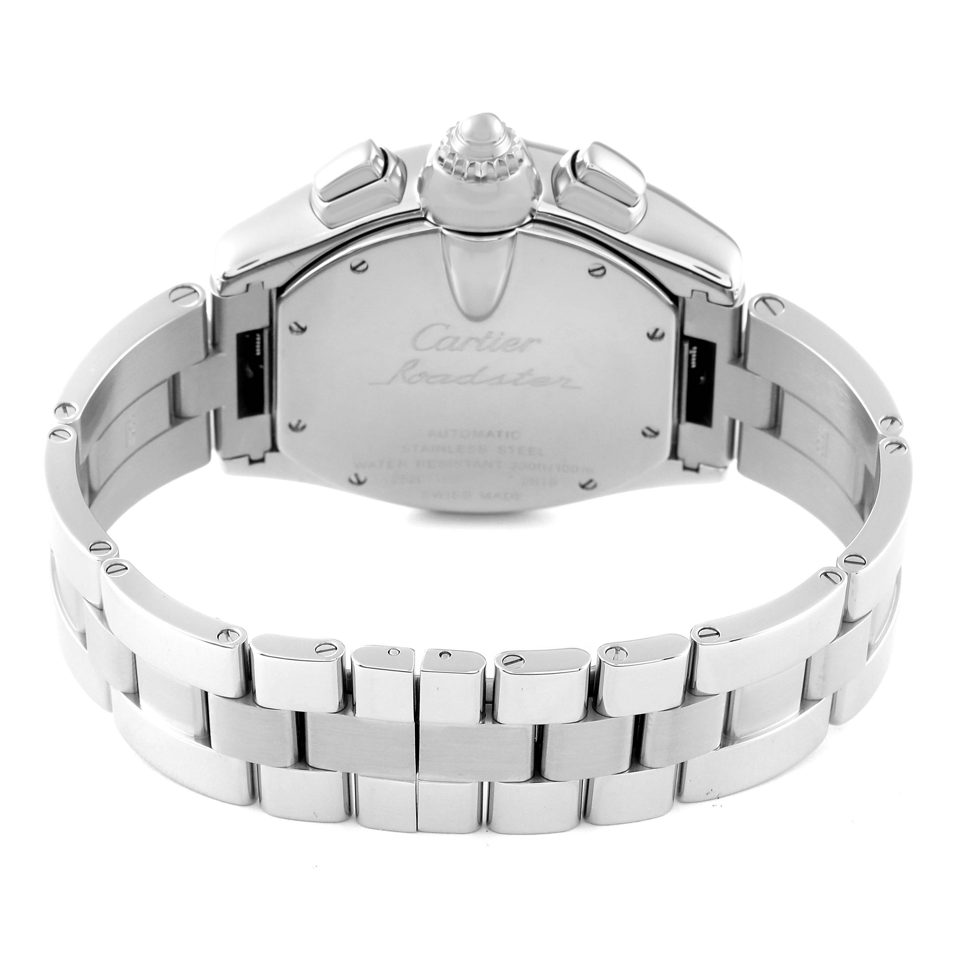 The image shows the back and bracelet of the Cartier Roadster W62020X6 Men's Stainless Steel Black Dial W62020X6 Men's Stainless Steel Black Dial watch, highlighting the engraved case back and metal links.