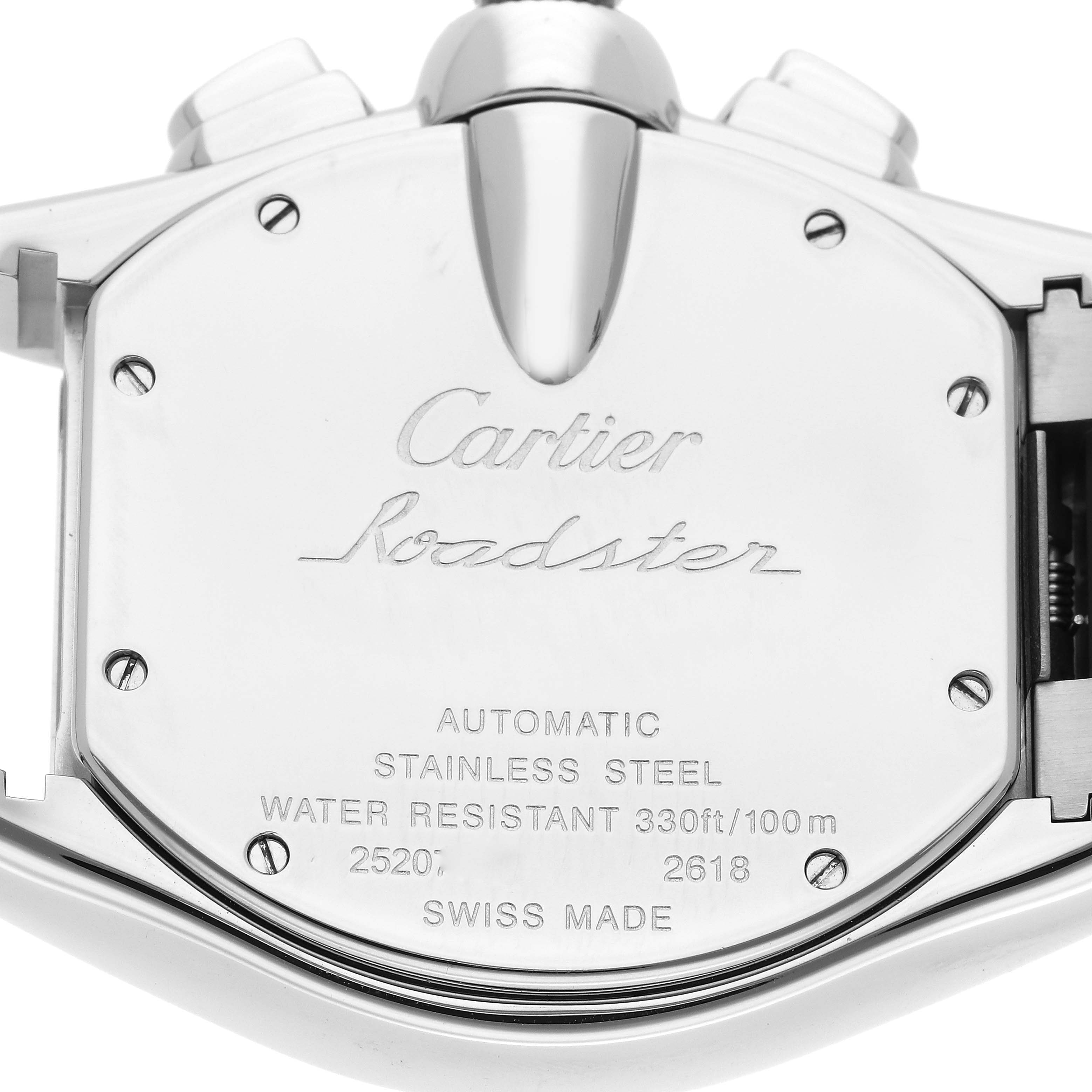 The image shows the back casing of a Cartier Roadster W62020X6 Men's Stainless Steel Black Dial W62020X6 Men's Stainless Steel Black Dial watch, detailing its specifications and branding.
