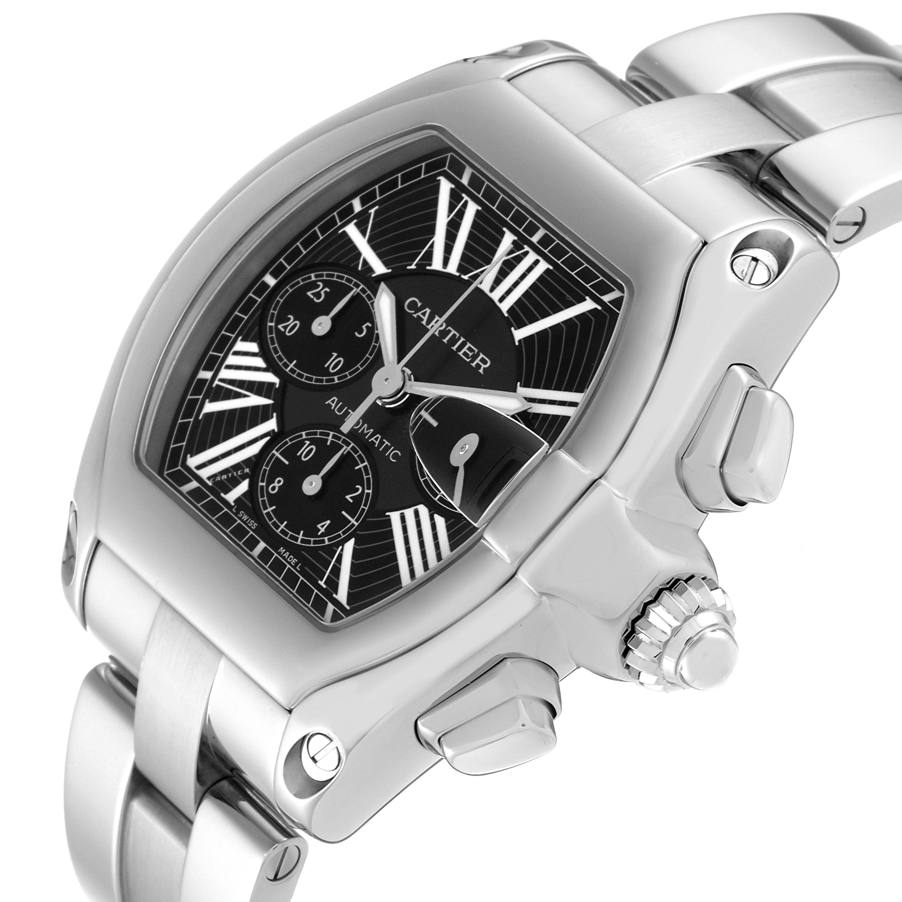 The image shows a close-up of the Cartier Roadster W62020X6 Men's Stainless Steel Black Dial W62020X6 Men's Stainless Steel Black Dial watch face, crown, and chronograph buttons viewed at an angle.