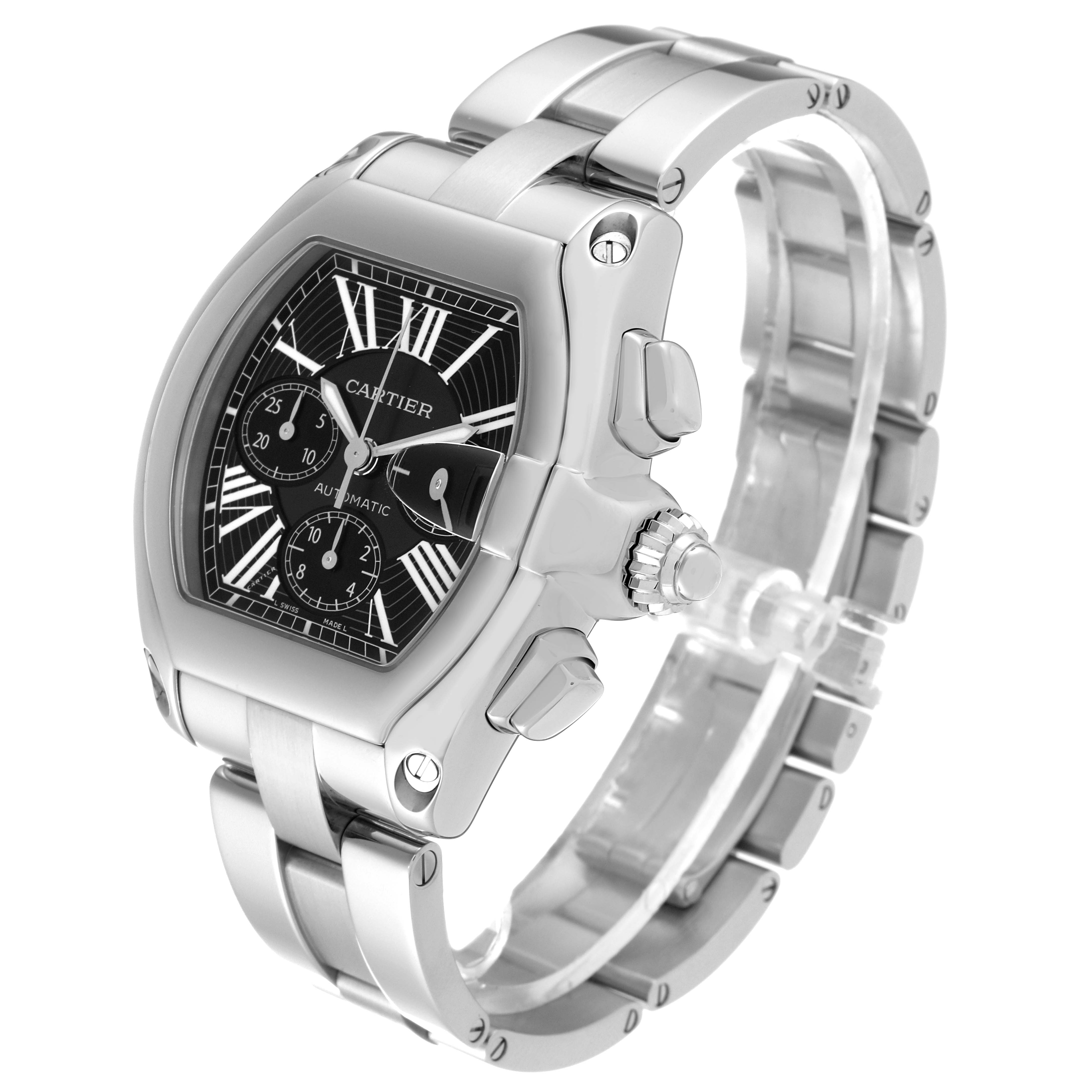The Cartier Roadster W62020X6 Men's Stainless Steel Black Dial W62020X6 Men's Stainless Steel Black Dial watch is shown at a 3/4 angle, highlighting its face, bracelet, and crown.