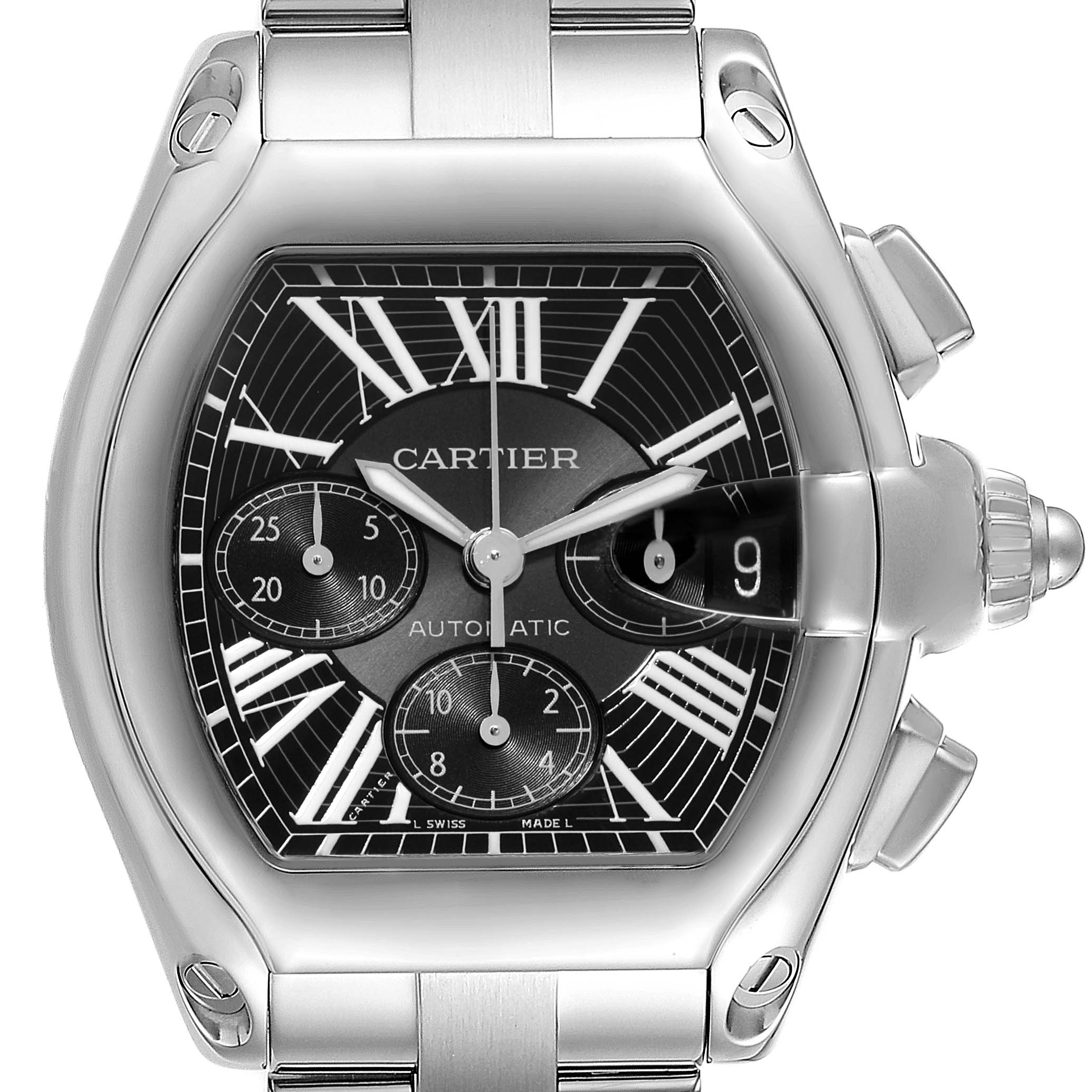 The image shows a close-up, frontal view of the Cartier Roadster W62020X6 Men's Stainless Steel Black Dial W62020X6 Men's Stainless Steel Black Dial watch, highlighting its face, hands, and bezel.