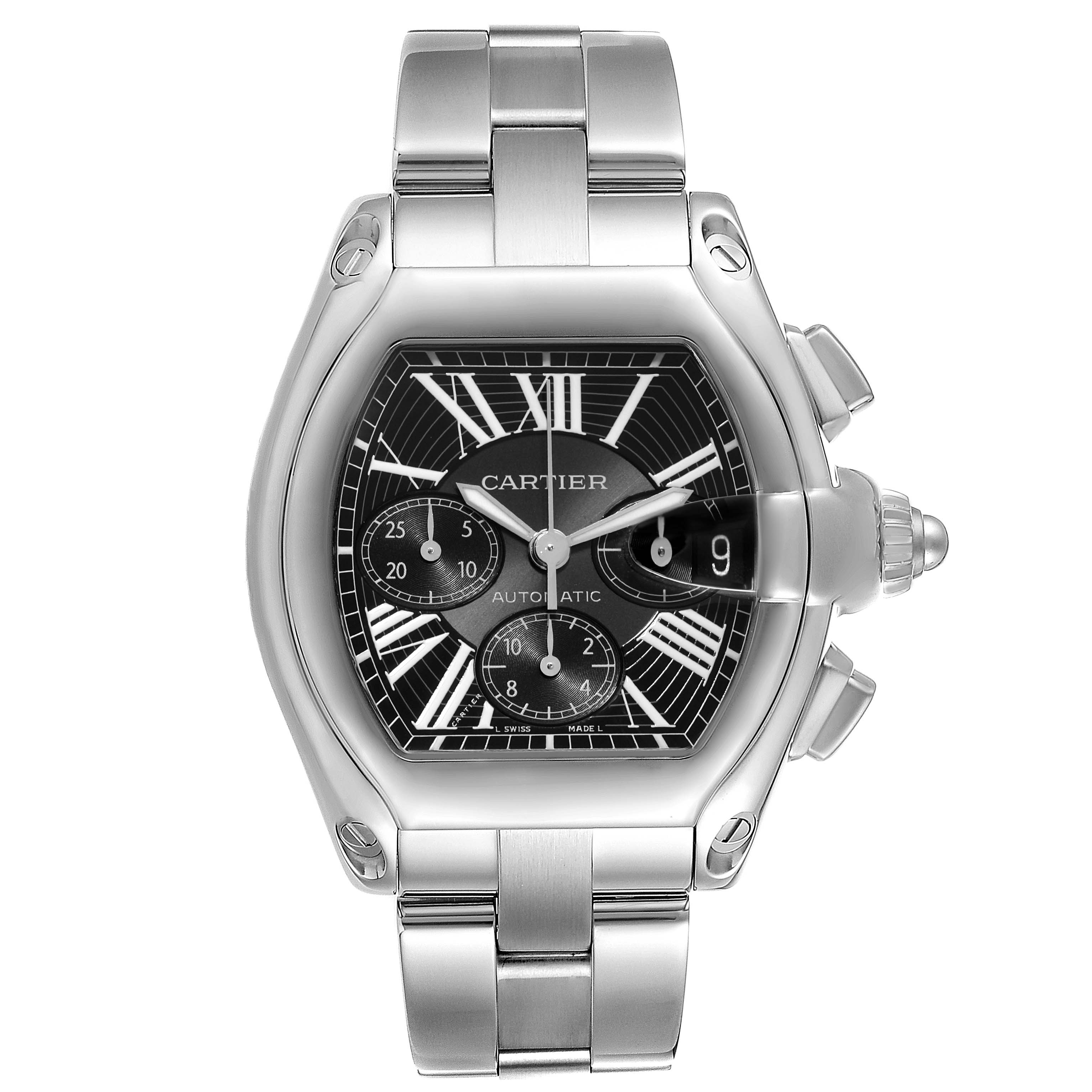 The image shows a front view of the Cartier Roadster W62020X6 Men's Stainless Steel Black Dial W62020X6 Men's Stainless Steel Black Dial watch, displaying its face, chronograph dials, and metal bracelet.