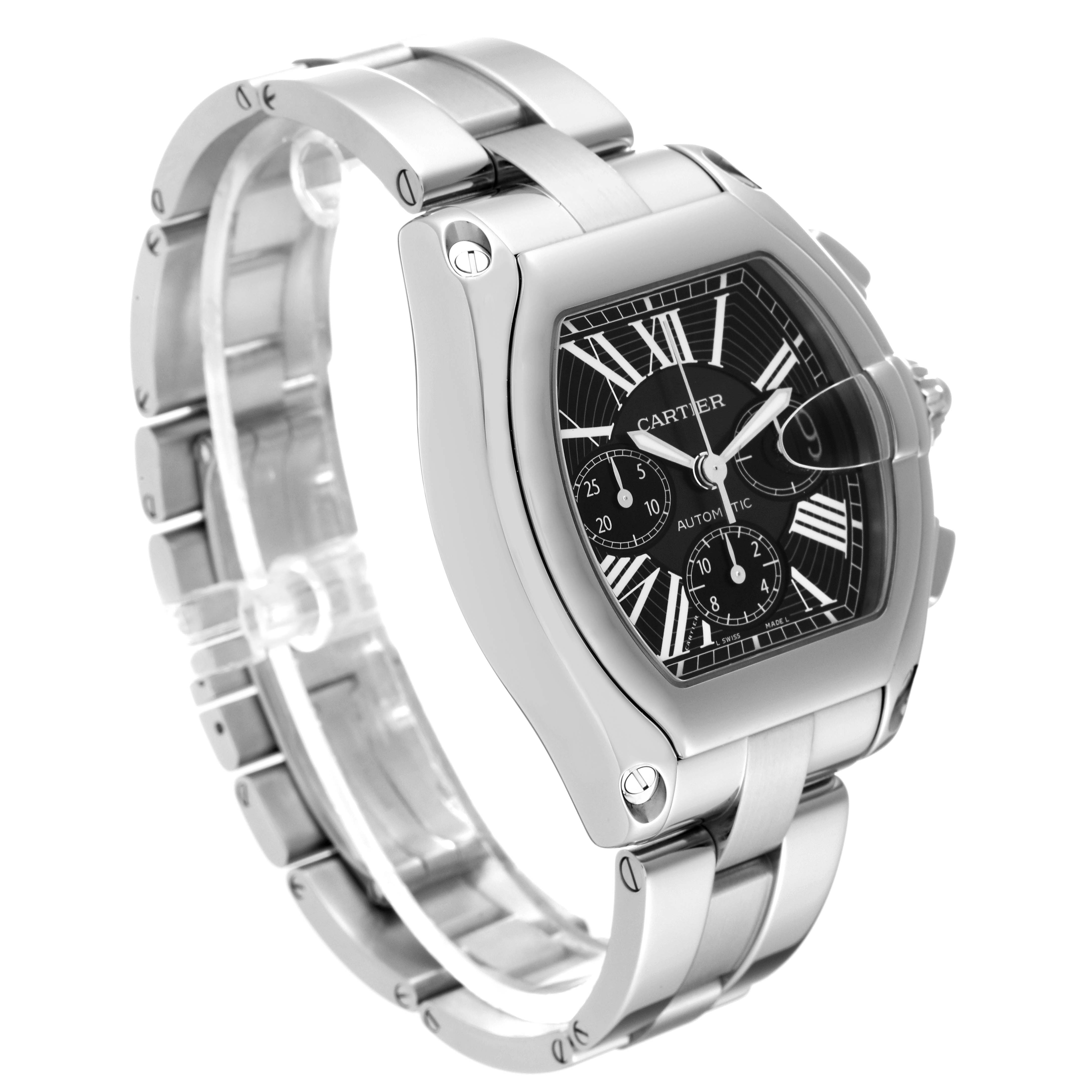 The image shows a three-quarter view of a Cartier Roadster W62020X6 Men's Stainless Steel Black Dial W62020X6 Men's Stainless Steel Black Dial watch, displaying the dial, case, and part of the metal bracelet.