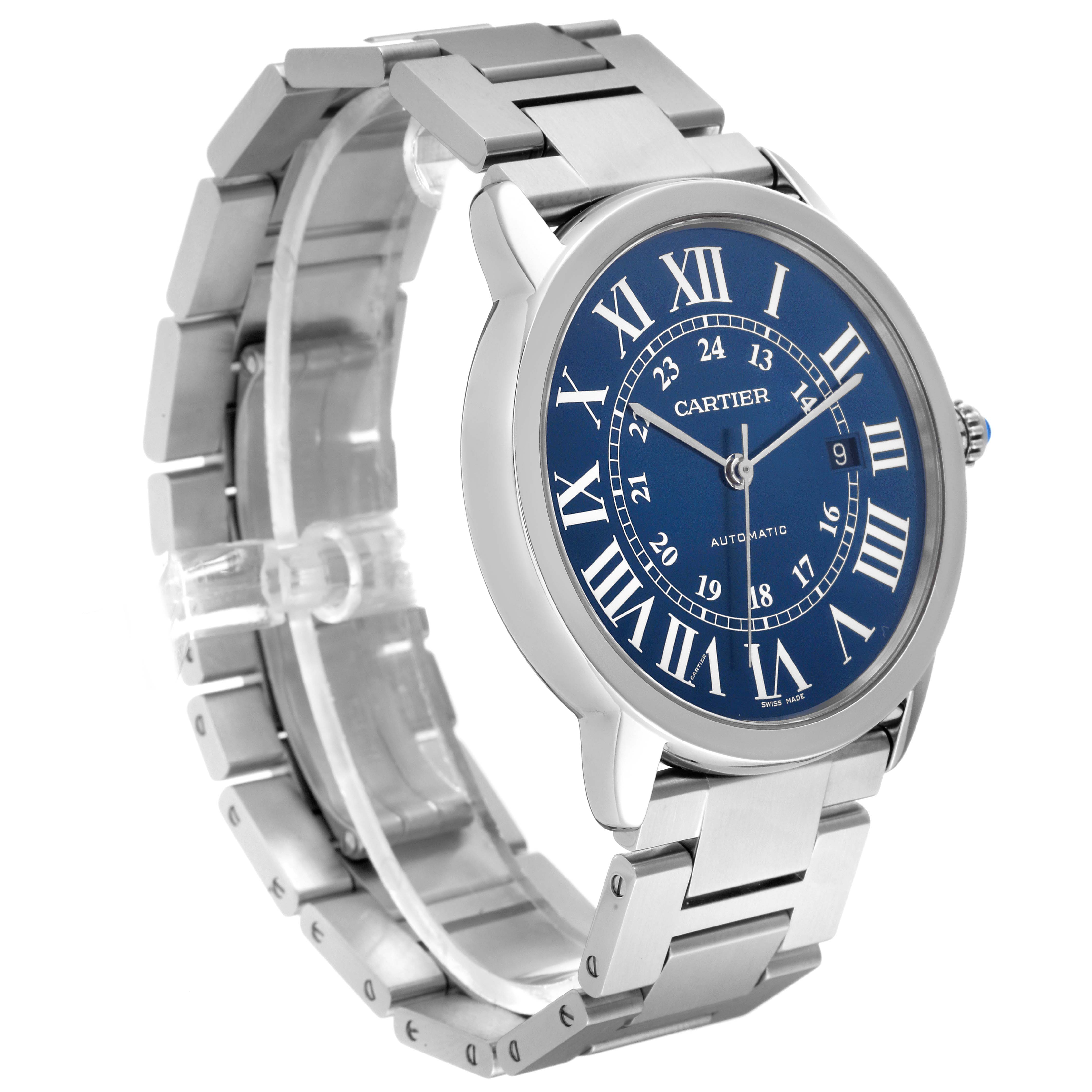 The image shows a Ronde model by Cartier at a 3/4 angle, highlighting the face and smooth stainless steel bracelet.