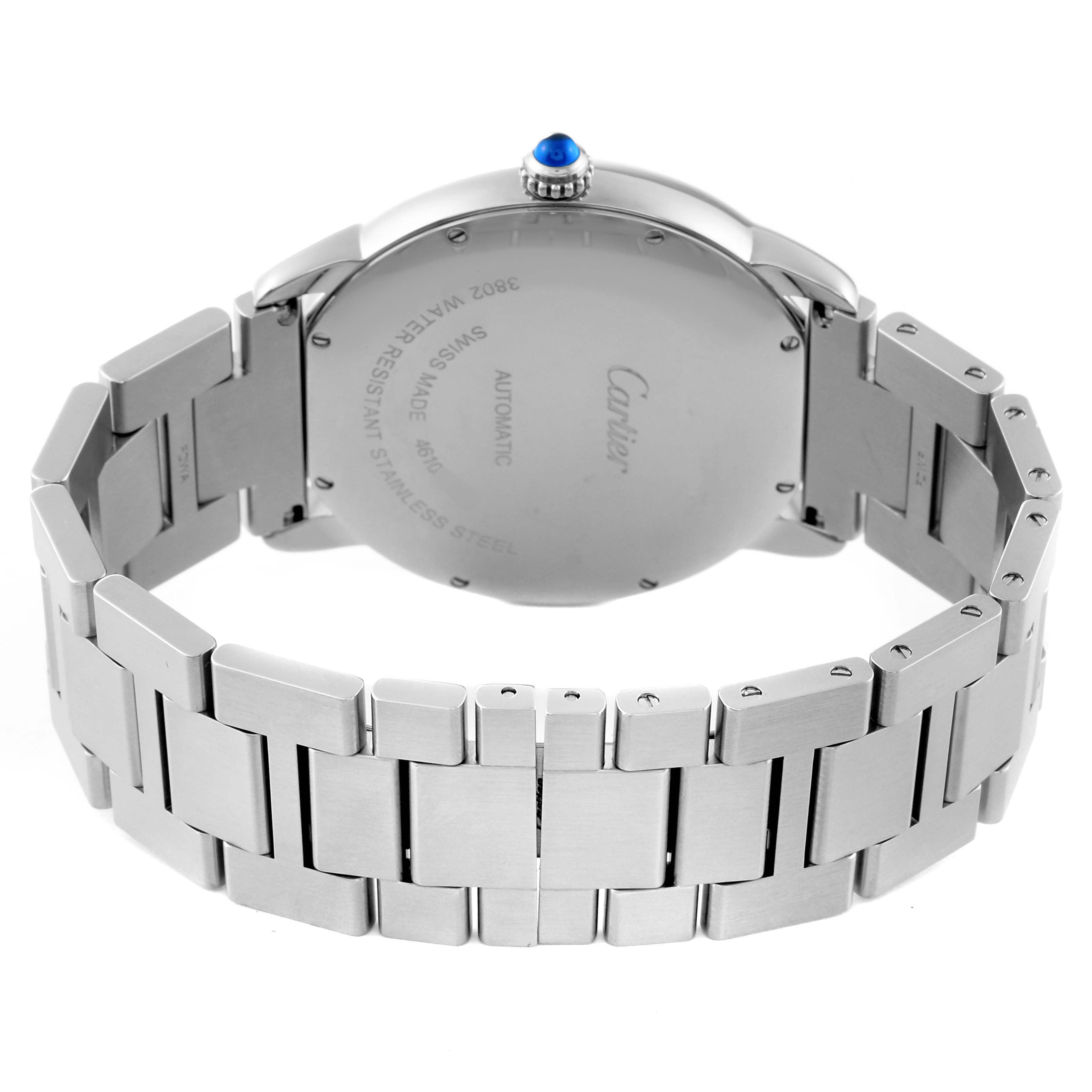 The image shows the back of the Cartier Ronde WSRN0023 Men's Stainless Steel Blue Dial WSRN0023 Men's Stainless Steel Blue Dial watch, focusing on the stainless steel case and bracelet with a visible crown.