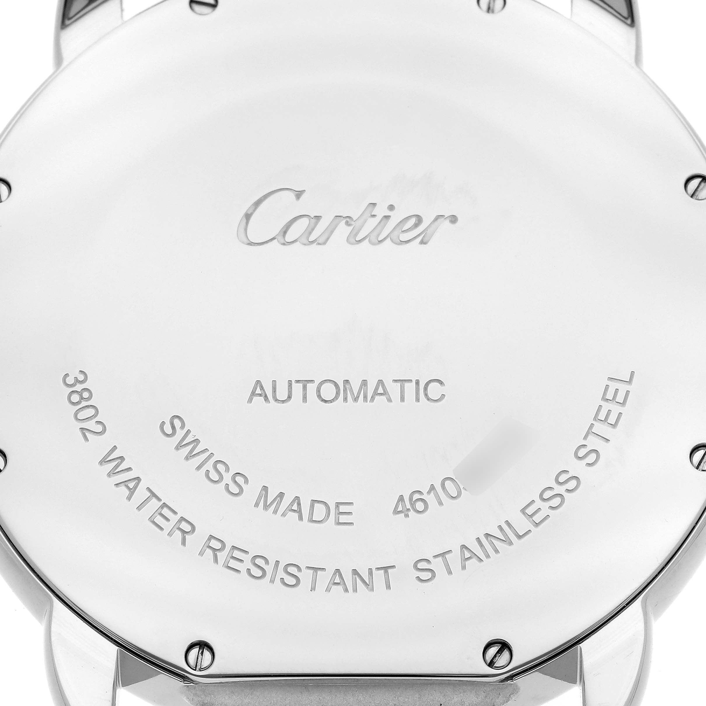 The image shows the back case of a Cartier Ronde WSRN0023 Men's Stainless Steel Blue Dial WSRN0023 Men's Stainless Steel Blue Dial watch, including details like "Swiss Made" and "Water Resistant Stainless Steel."