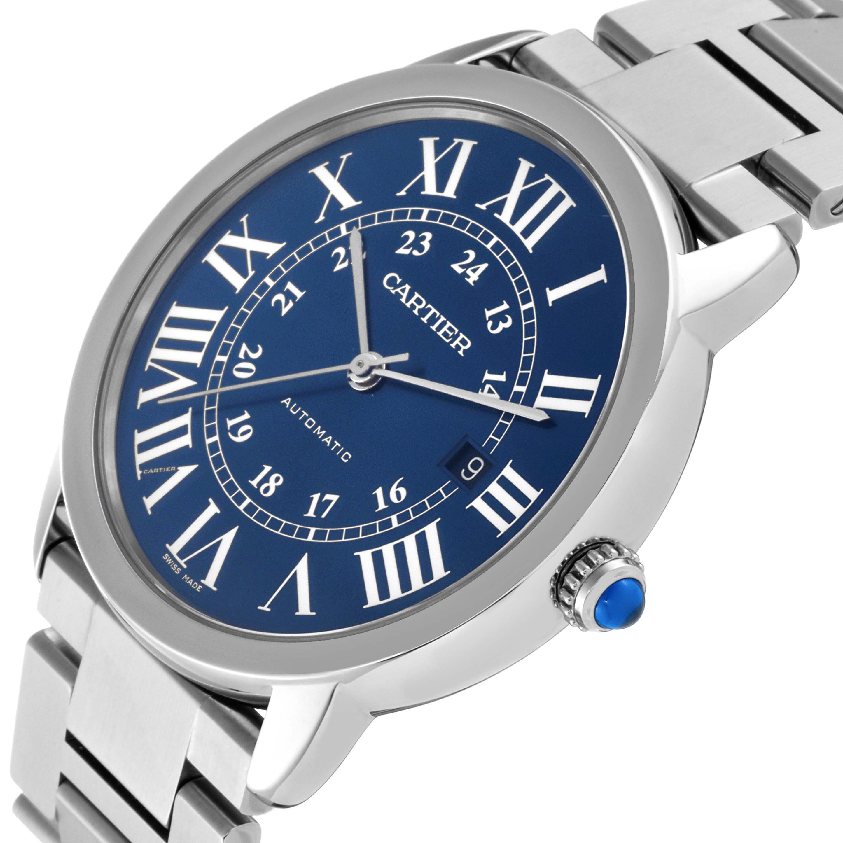 The Cartier Ronde WSRN0023 Men's Stainless Steel Blue Dial WSRN0023 Men's Stainless Steel Blue Dial watch is shown at a slight angle, highlighting its blue dial, Roman numerals, and stainless steel bracelet.