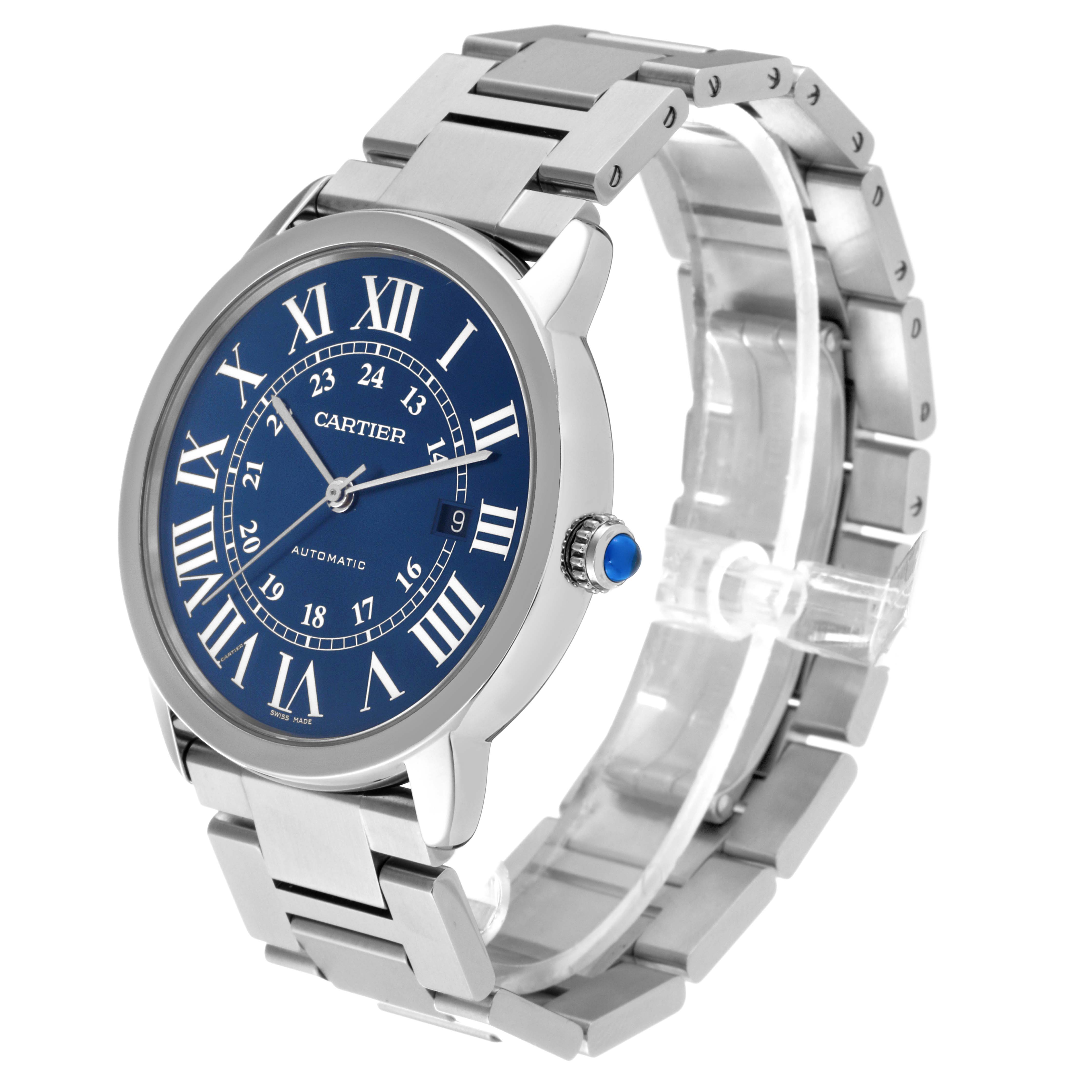 The image shows an angled view of the Cartier Ronde WSRN0023 Men's Stainless Steel Blue Dial WSRN0023 Men's Stainless Steel Blue Dial watch, displaying the face, case, bezel, crown, and bracelet.