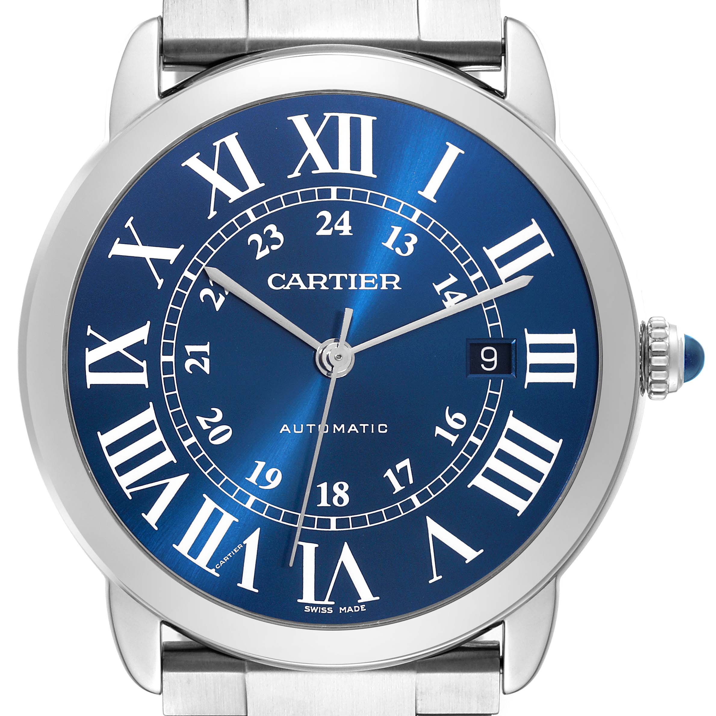 The image displays a front view of the Cartier Ronde WSRN0023 Men's Stainless Steel Blue Dial WSRN0023 Men's Stainless Steel Blue Dial watch, showing the blue dial, Roman numerals, and the date window.