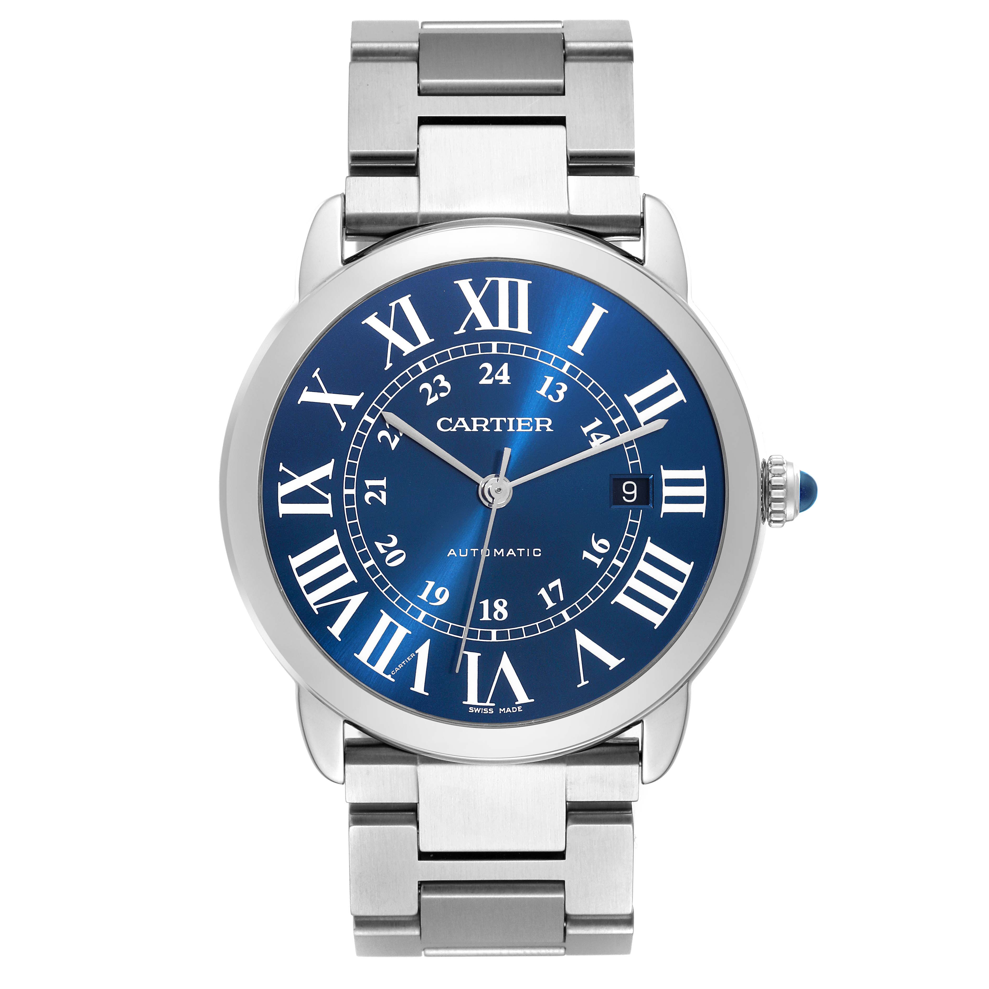 The image shows a frontal view of the Cartier Ronde WSRN0023 Men's Stainless Steel Blue Dial WSRN0023 Men's Stainless Steel Blue Dial model watch, highlighting its blue dial, Roman numerals, and metal bracelet.