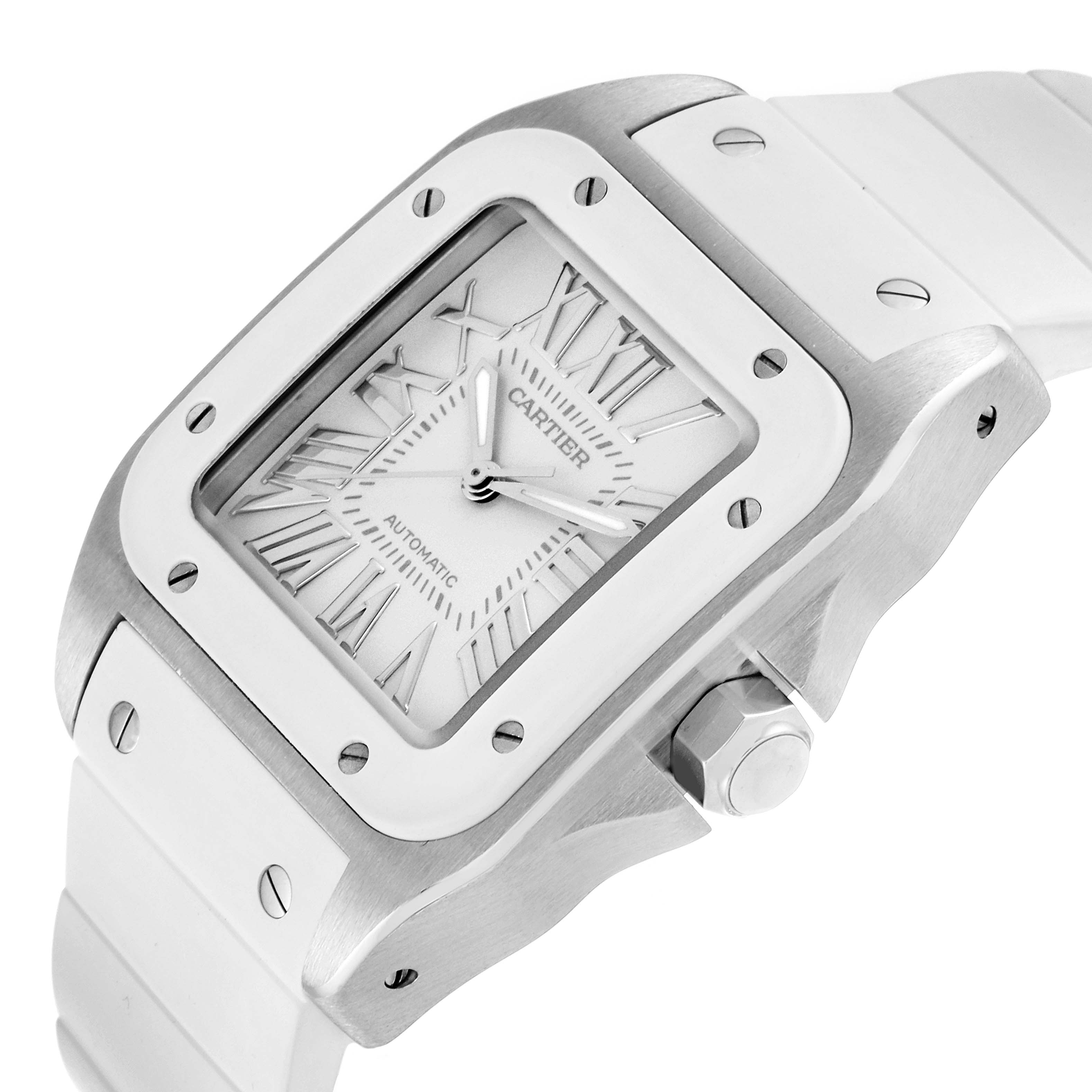 The image shows a close-up of the Cartier Santos W20129U2 Women's Stainless Steel Silver Dial W20129U2 Women's Stainless Steel Silver Dial watch at a slight angle, highlighting the dial, bezel, and part of the bracelet.