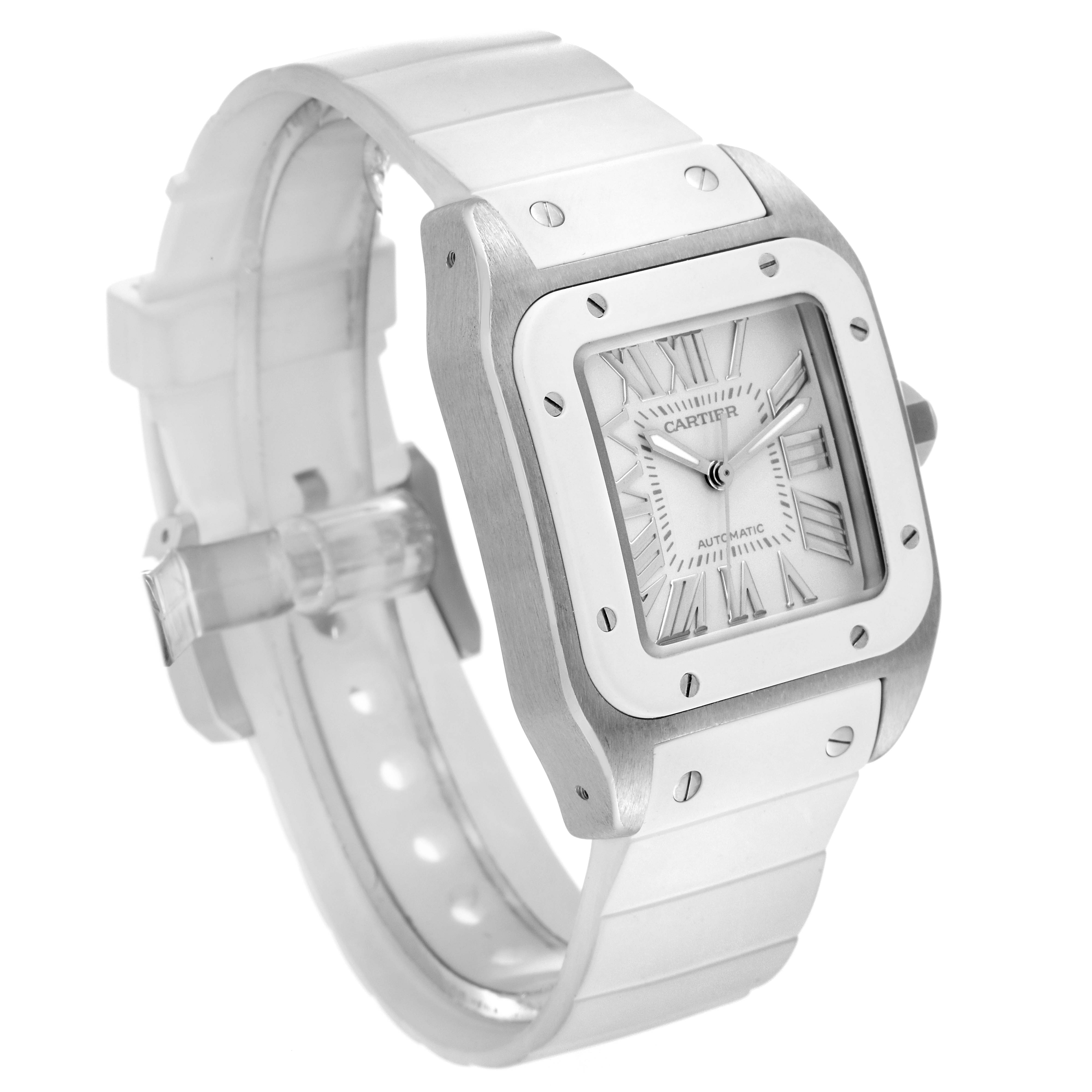 The image shows a Cartier Santos W20129U2 Women's Stainless Steel Silver Dial W20129U2 Women's Stainless Steel Silver Dial model watch viewed from a front angle, focusing on the dial, bezel, and part of the bracelet.