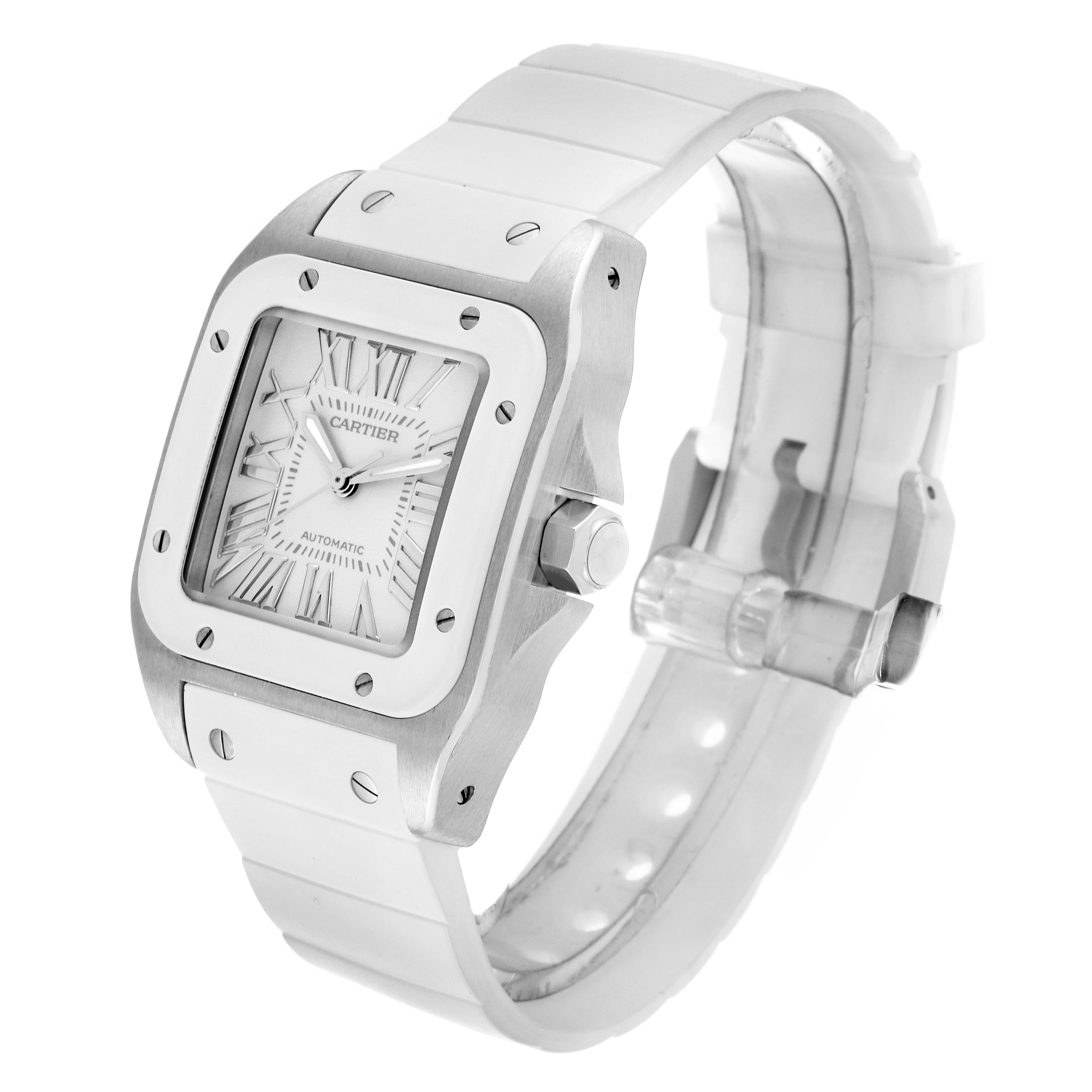 The image shows a Cartier Santos W20129U2 Women's Stainless Steel Silver Dial W20129U2 Women's Stainless Steel Silver Dial watch, highlighting its dial, bezel, crown, and band at a three-quarter angle.