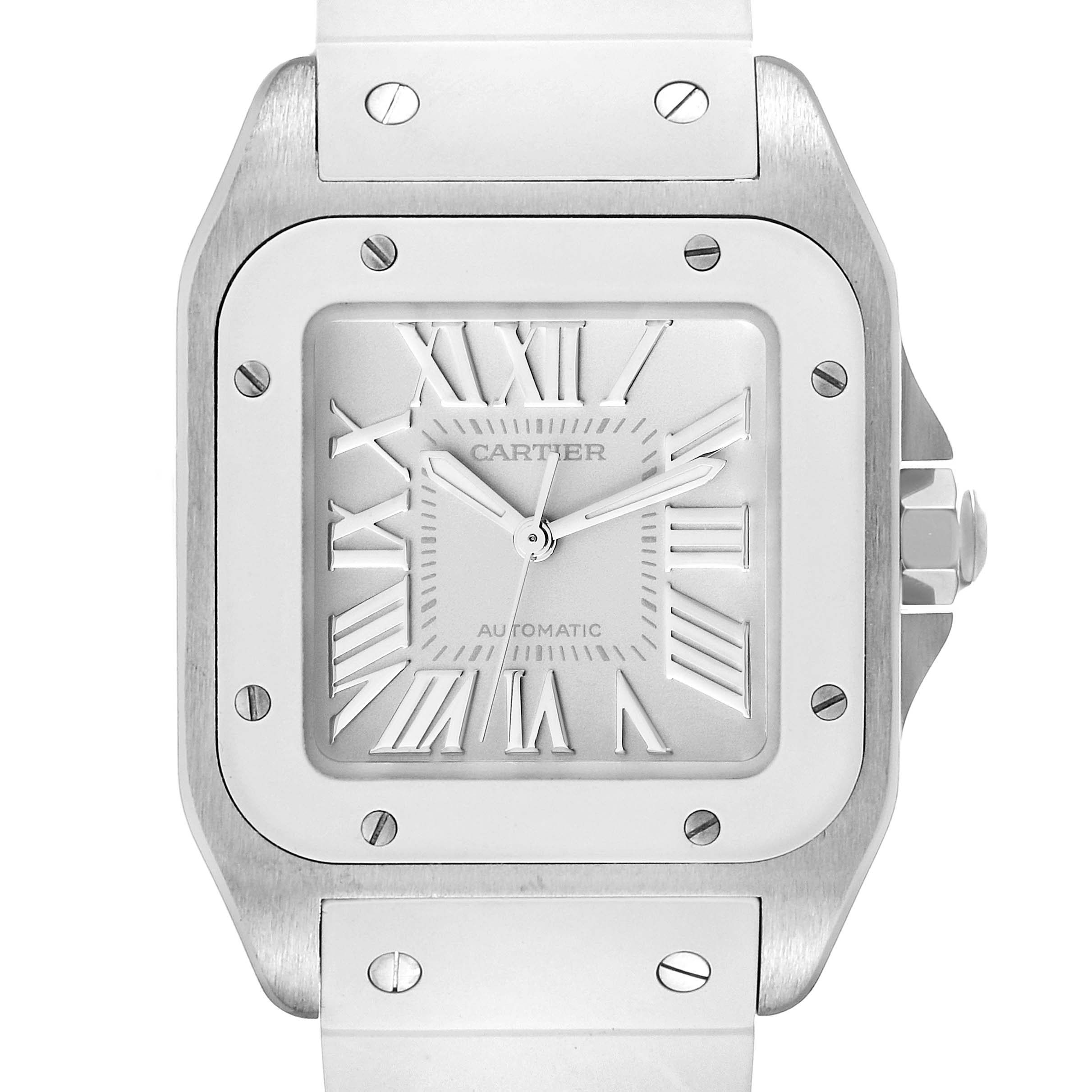 The image shows a front view of the Cartier Santos W20129U2 Women's Stainless Steel Silver Dial W20129U2 Women's Stainless Steel Silver Dial watch, highlighting the dial, bezel, and part of the strap.