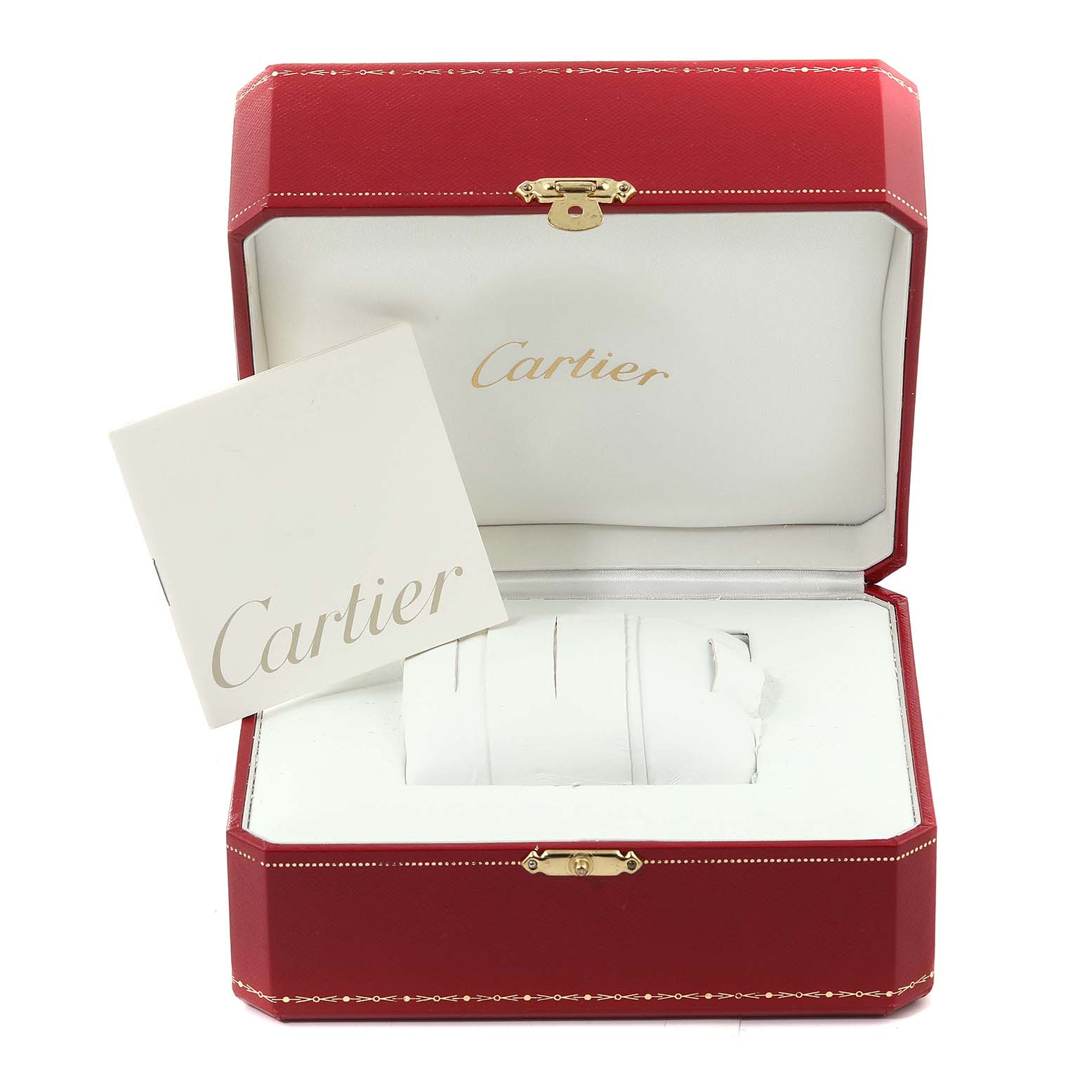 The image shows an open Cartier Santos W20129U2 Women's Stainless Steel Silver Dial W20129U2 Women's Stainless Steel Silver Dial watch box containing a pillow for the watch and Cartier documentation.