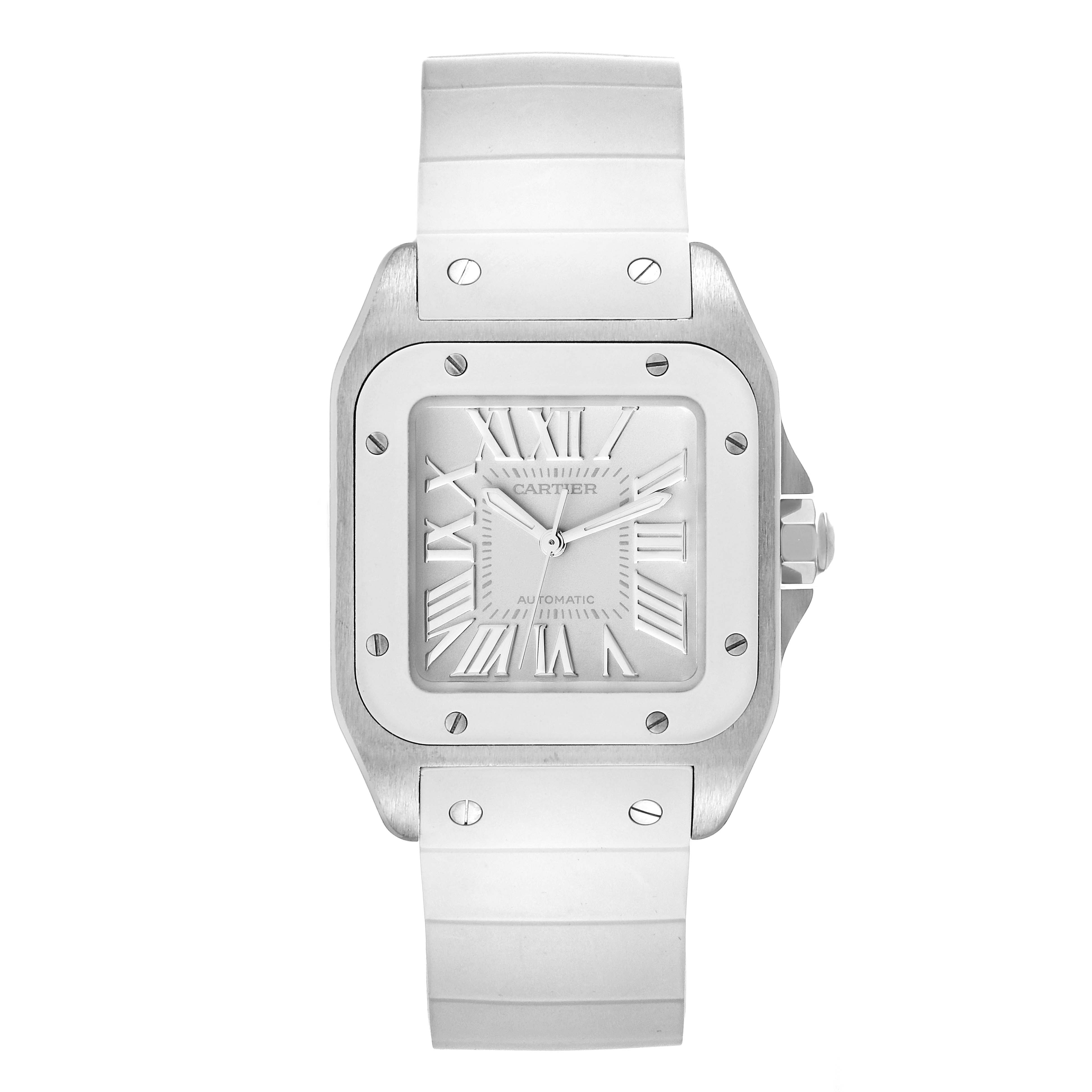 The image shows a front view of the Cartier Santos W20129U2 Women's Stainless Steel Silver Dial W20129U2 Women's Stainless Steel Silver Dial model watch, displaying the face, bezel, case, and part of the bracelet.