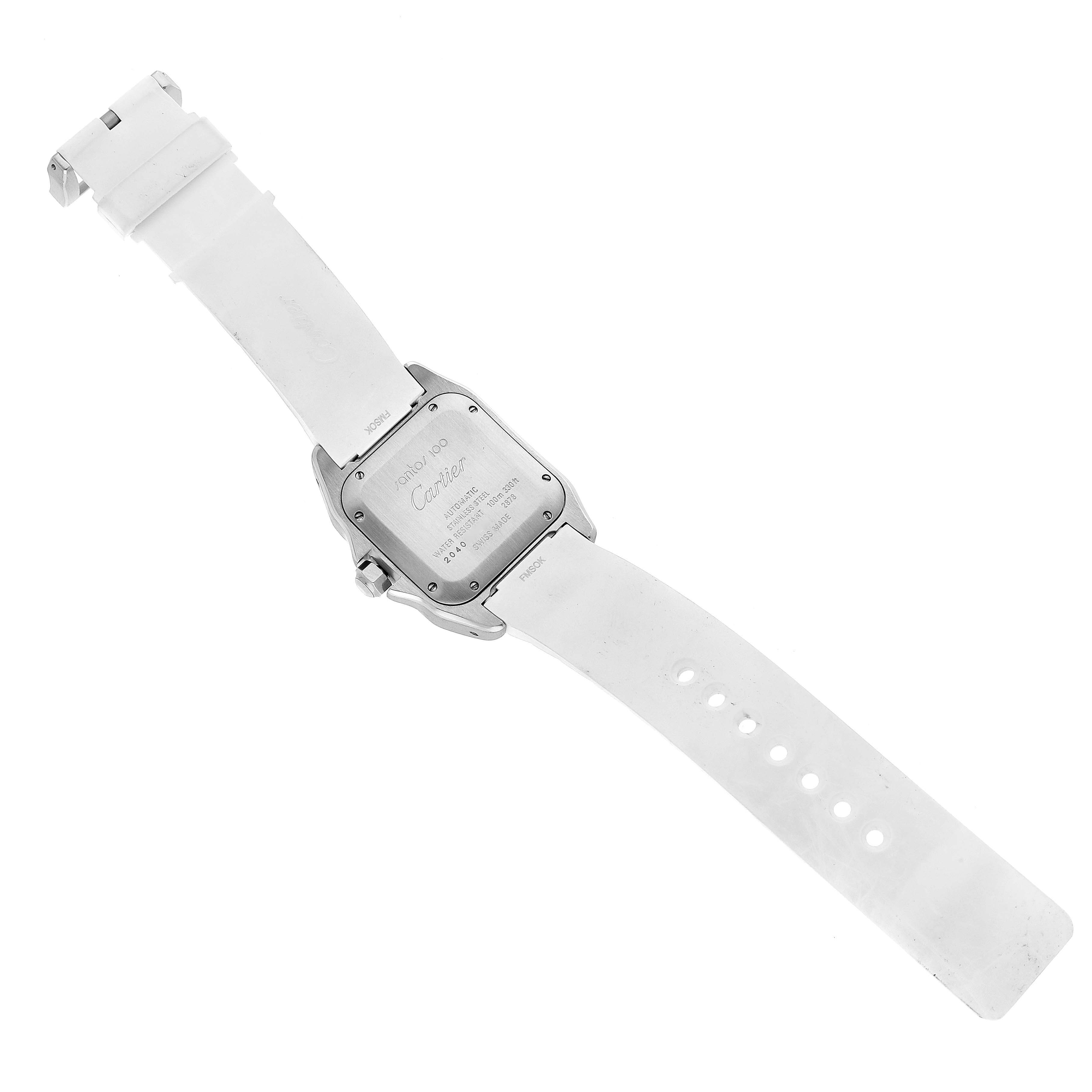 The image shows the back view of a Cartier Santos W20129U2 Women's Stainless Steel Silver Dial W20129U2 Women's Stainless Steel Silver Dial watch with a white strap fully extended.