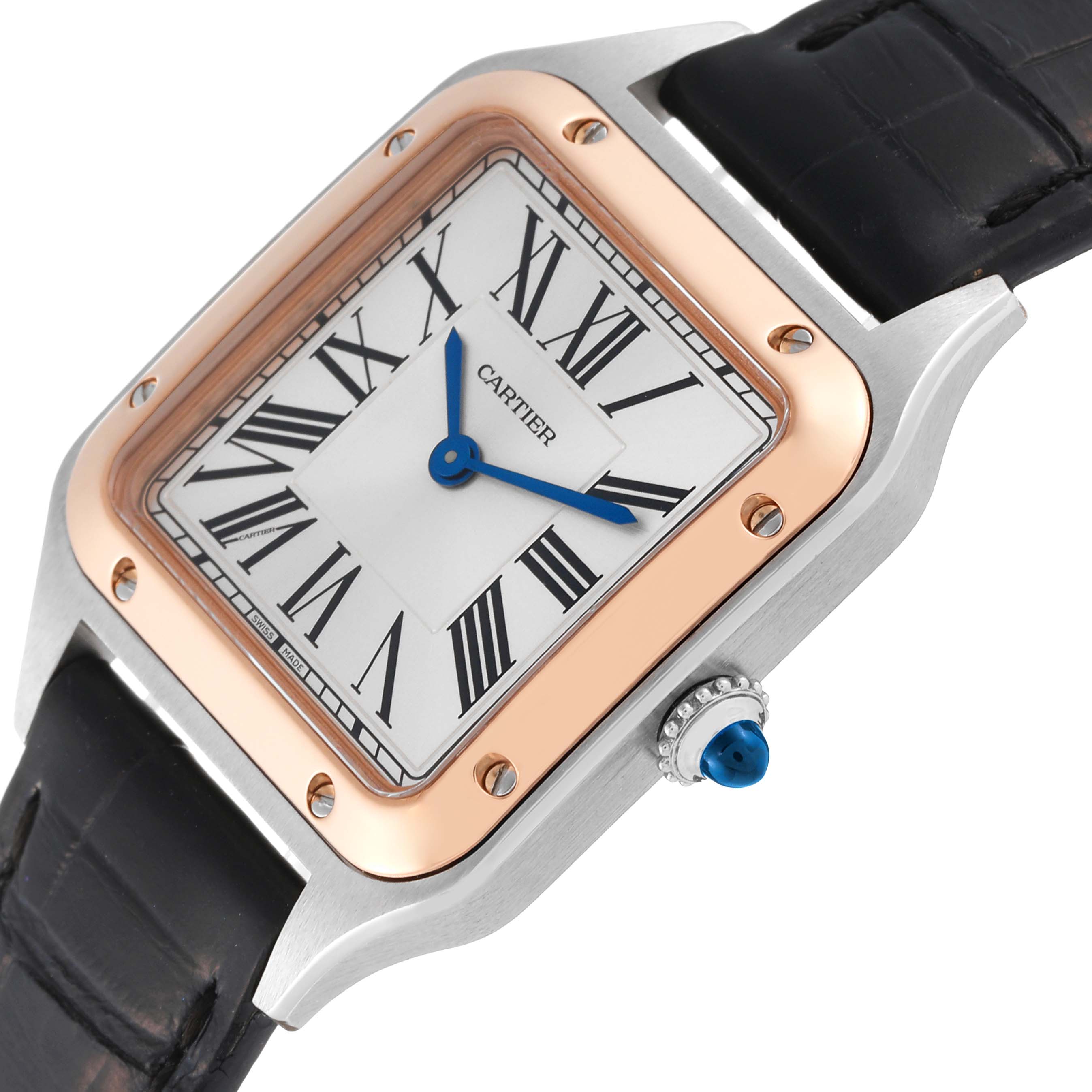 The image shows a close-up angle of the Cartier Santos W2SA0012 Women's Steel and Gold (two tone) Silver Dial W2SA0012 Women's Steel and Gold (two tone) Silver Dial watch face, showcasing the dial, bezel, crown, and part of the strap.