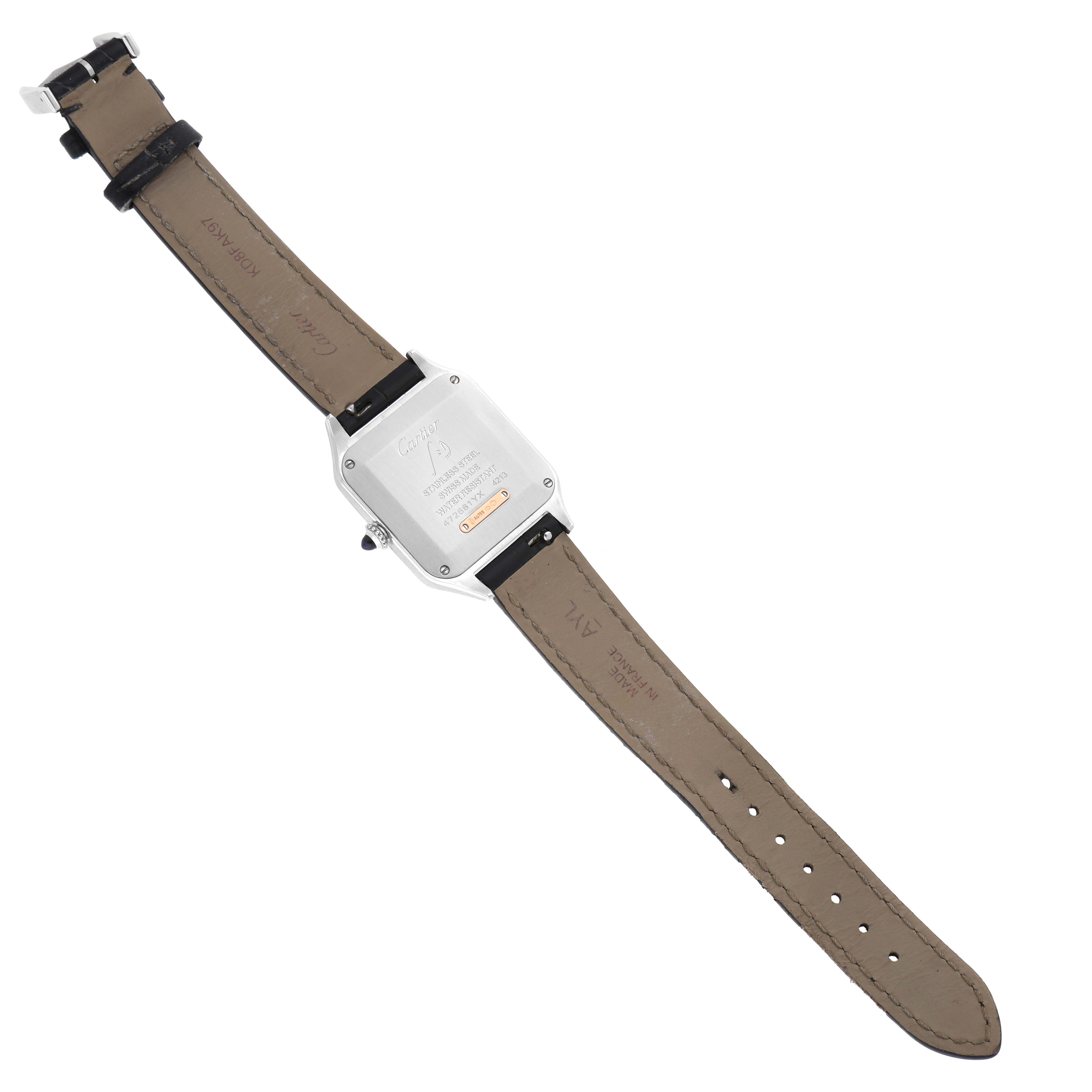 The image shows the back view of a Cartier Santos W2SA0012 Women's Steel and Gold (two tone) Silver Dial W2SA0012 Women's Steel and Gold (two tone) Silver Dial watch, displaying its caseback and leather straps.