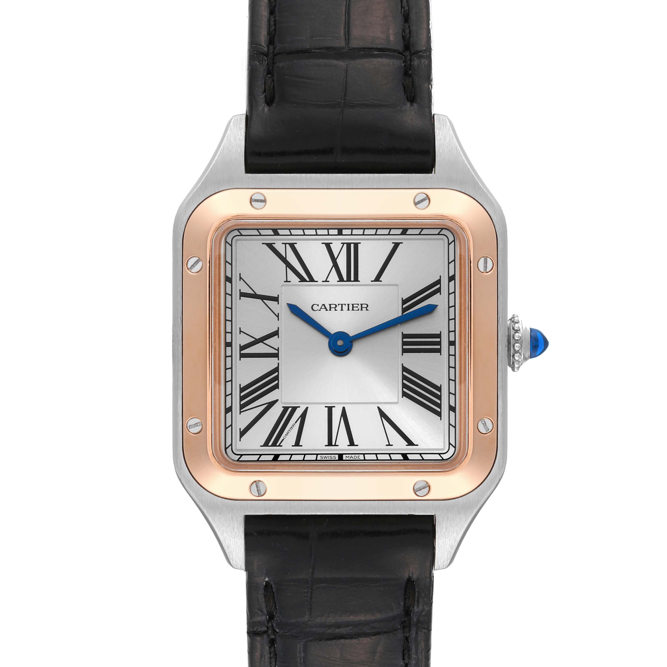 This image shows a front view of the Cartier Santos W2SA0012 Women's Steel and Gold (two tone) Silver Dial W2SA0012 Women's Steel and Gold (two tone) Silver Dial model watch, highlighting its square face, Roman numerals, and black leather strap.