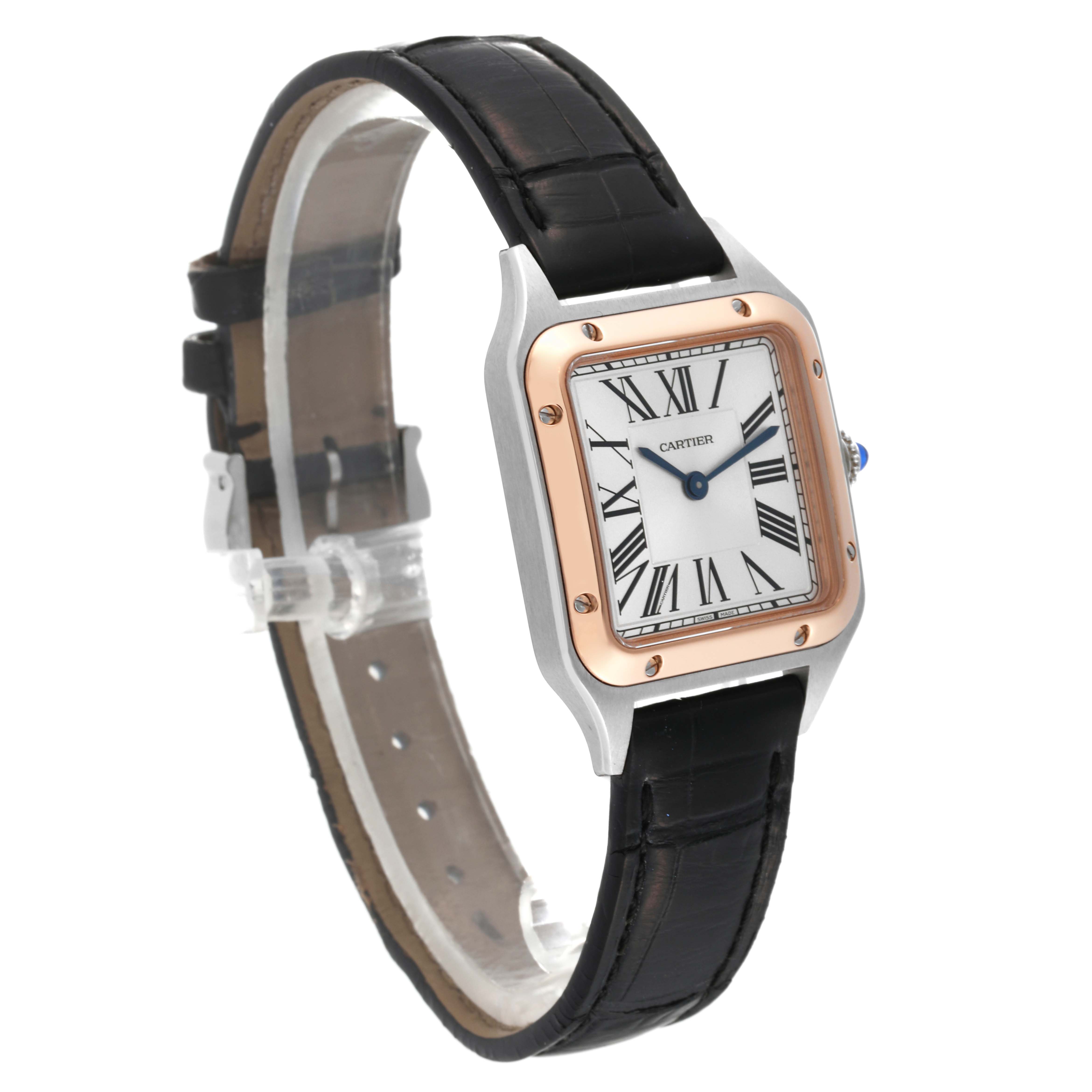 The image shows a Cartier Santos W2SA0012 Women's Steel and Gold (two tone) Silver Dial W2SA0012 Women's Steel and Gold (two tone) Silver Dial model watch with a black leather strap, displayed at a slight side angle.