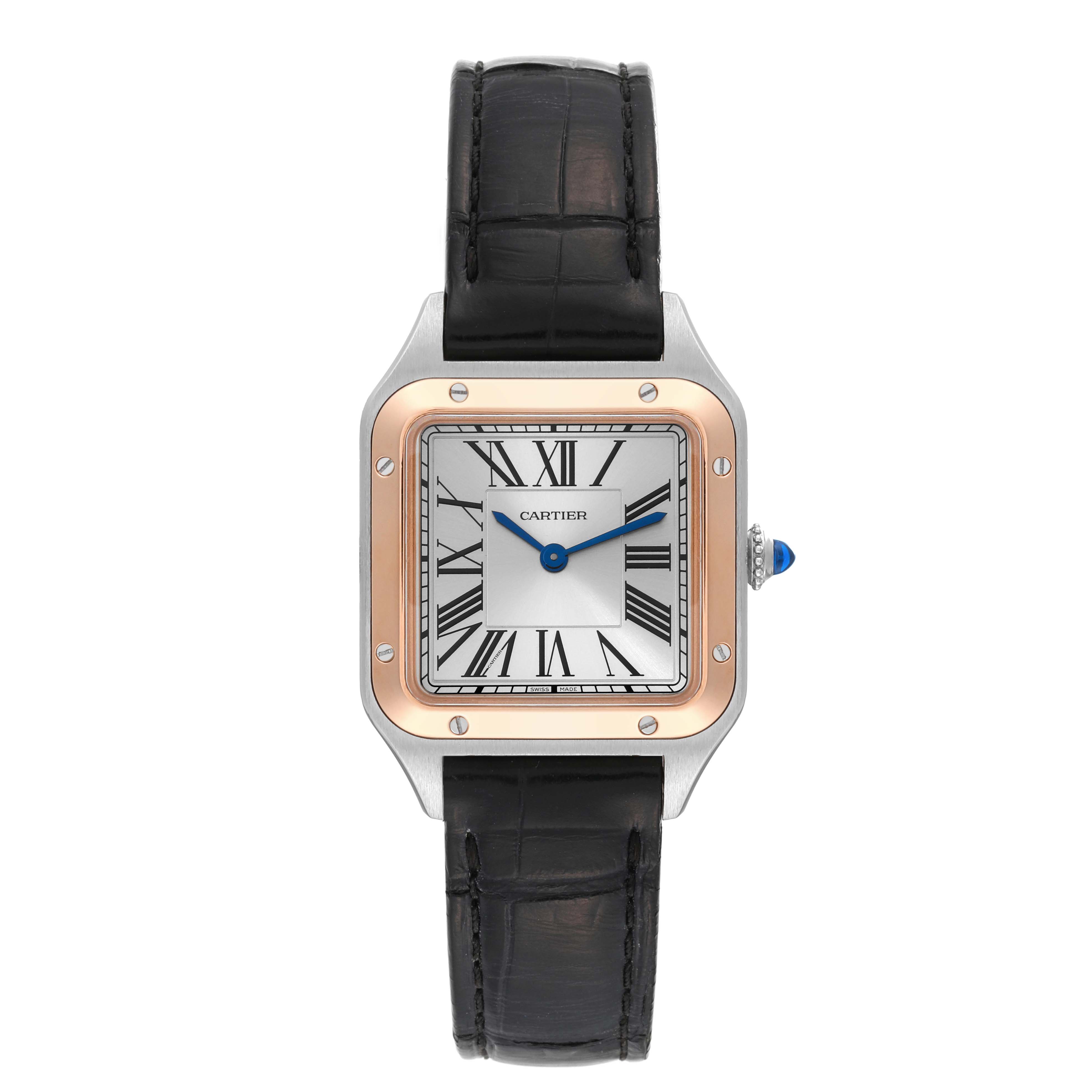 This image shows a front view of the Santos model by Cartier, featuring a square face, Roman numerals, and a black leather strap.