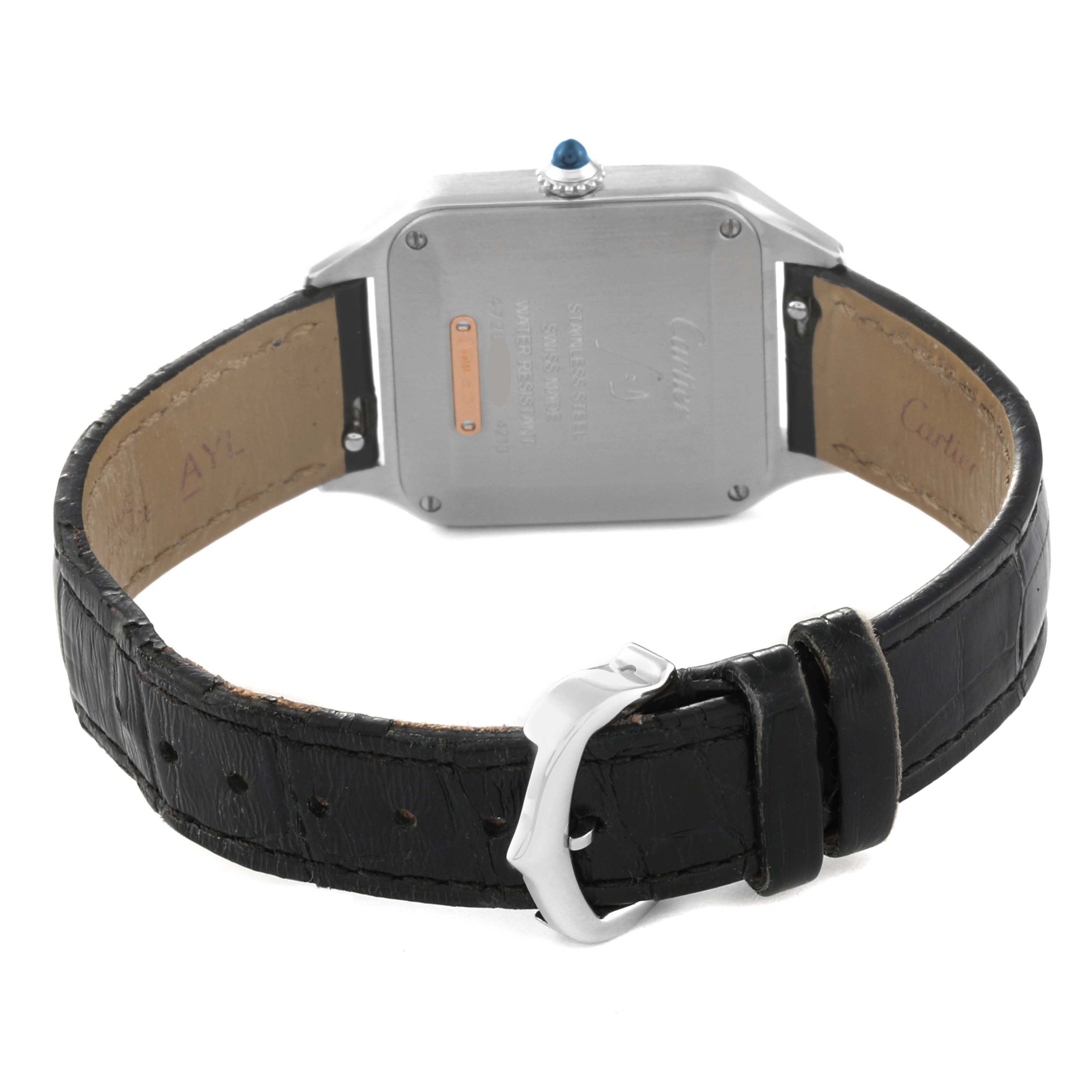 The image shows the back view and clasp of a Cartier Santos W2SA0012 Women's Steel and Gold (two tone) Silver Dial W2SA0012 Women's Steel and Gold (two tone) Silver Dial watch with a black leather strap.