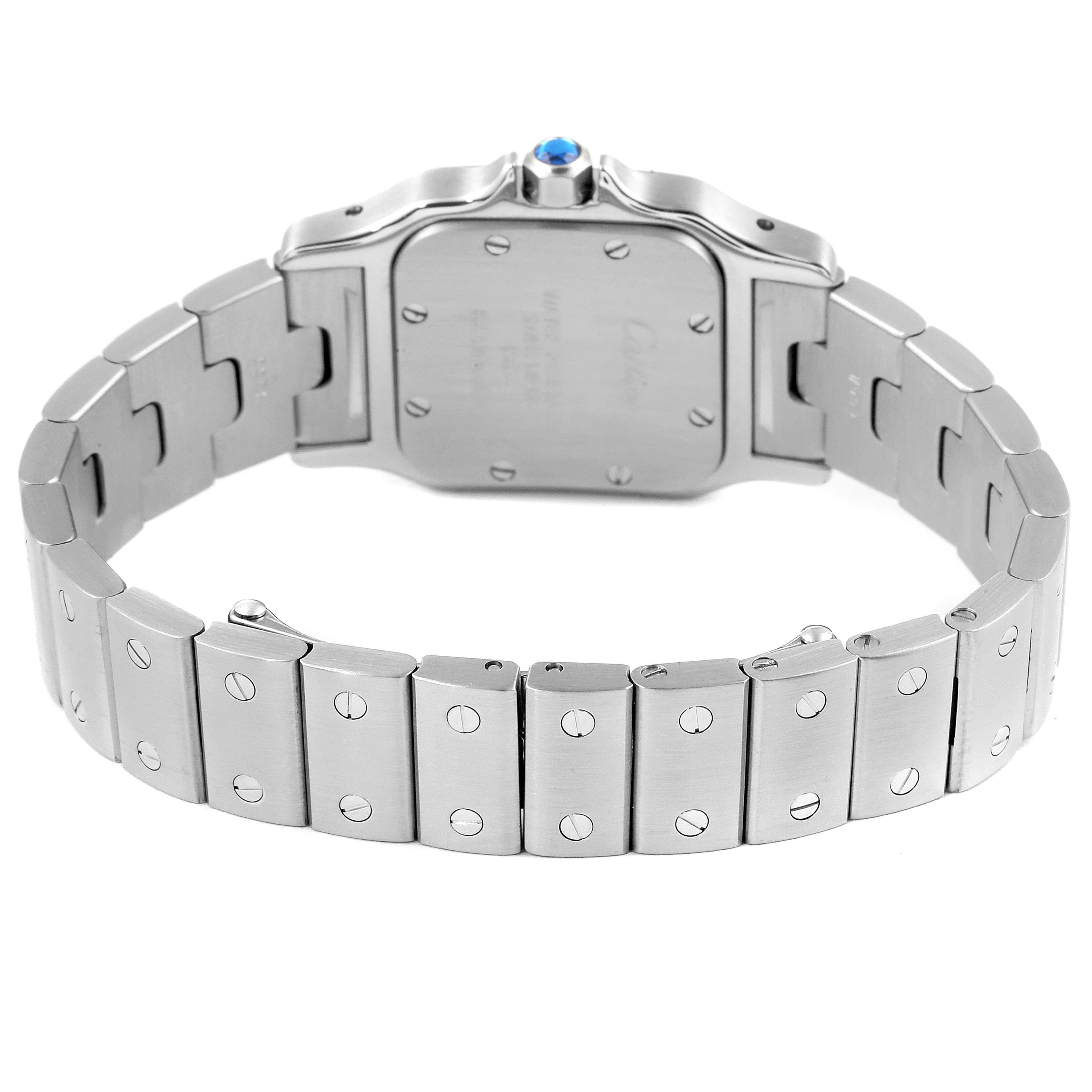 This image shows the back and bracelet of a Cartier Santos W20056D6 Women's Stainless Steel Silver Dial W20056D6 Women's Stainless Steel Silver Dial watch, highlighting the stainless steel links and screws.