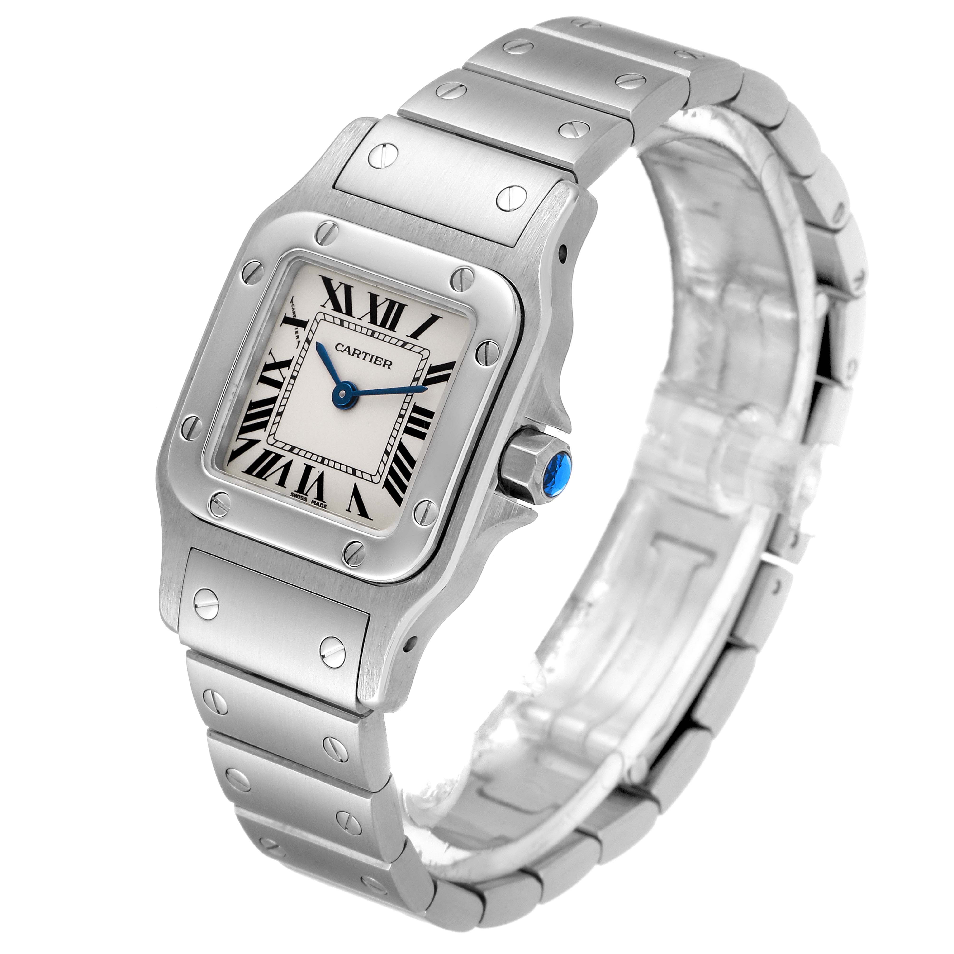 The image displays a Cartier Santos W20056D6 Women's Stainless Steel Silver Dial W20056D6 Women's Stainless Steel Silver Dial watch at a three-quarter angle, highlighting the face, bezel, and bracelet.