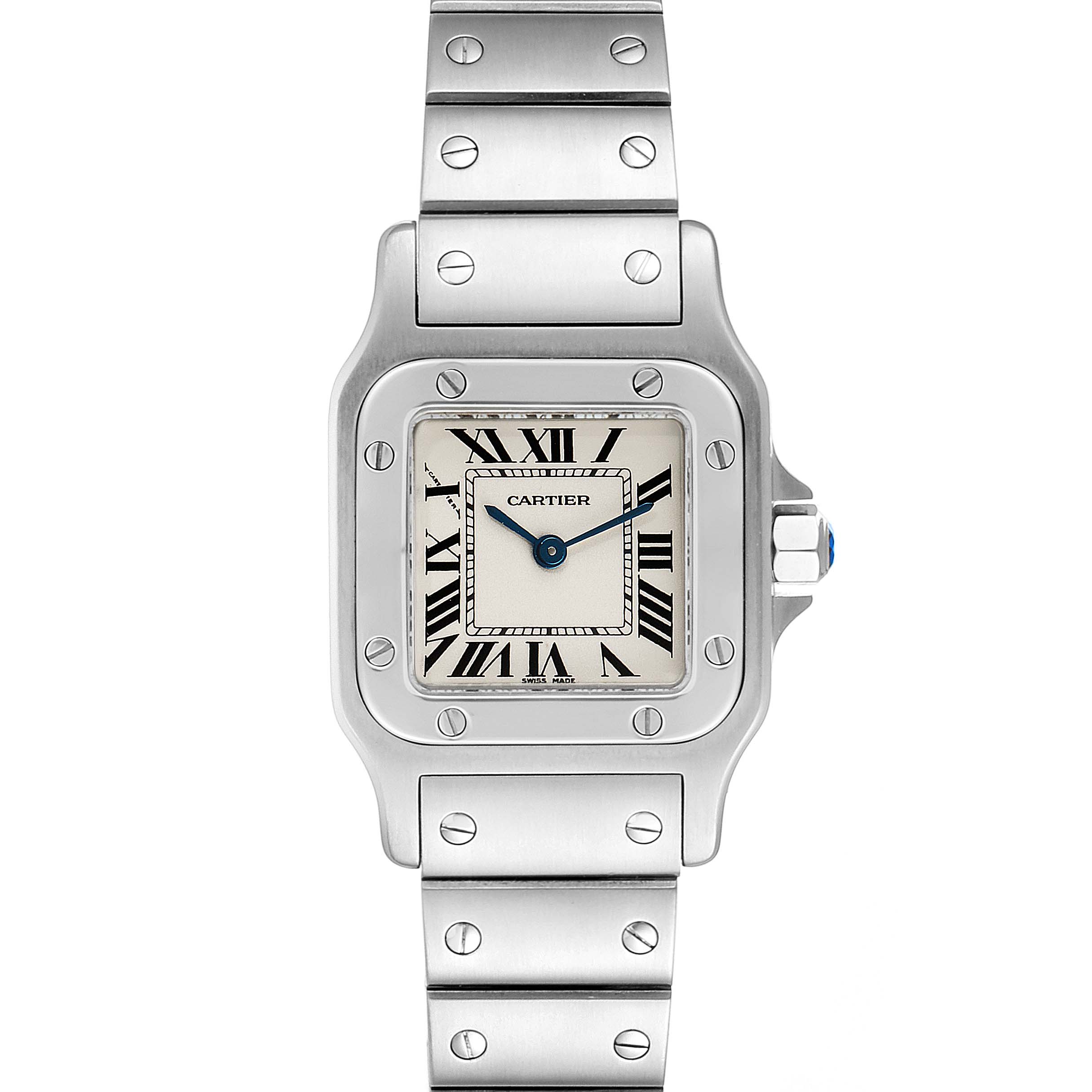 The image shows a frontal view of the Cartier Santos W20056D6 Women's Stainless Steel Silver Dial W20056D6 Women's Stainless Steel Silver Dial watch, highlighting its square face, Roman numerals, and metal bracelet.