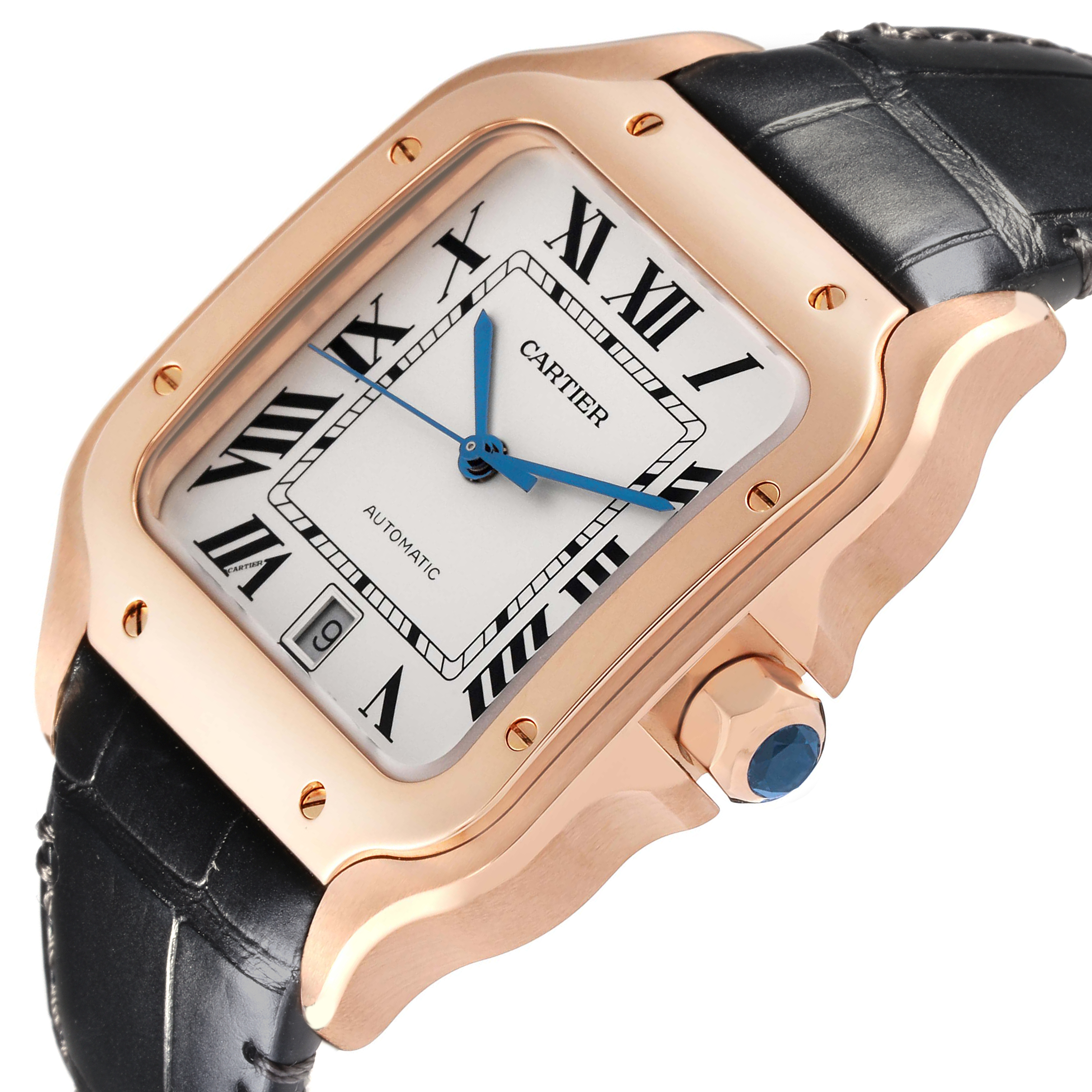 The Cartier Santos WGSA0019 Men's Rose Gold Silver Dial WGSA0019 Men's Rose Gold Silver Dial watch is shown at a slight angle, highlighting the rose gold case, blue hands, crown with a blue gemstone, and black leather strap.