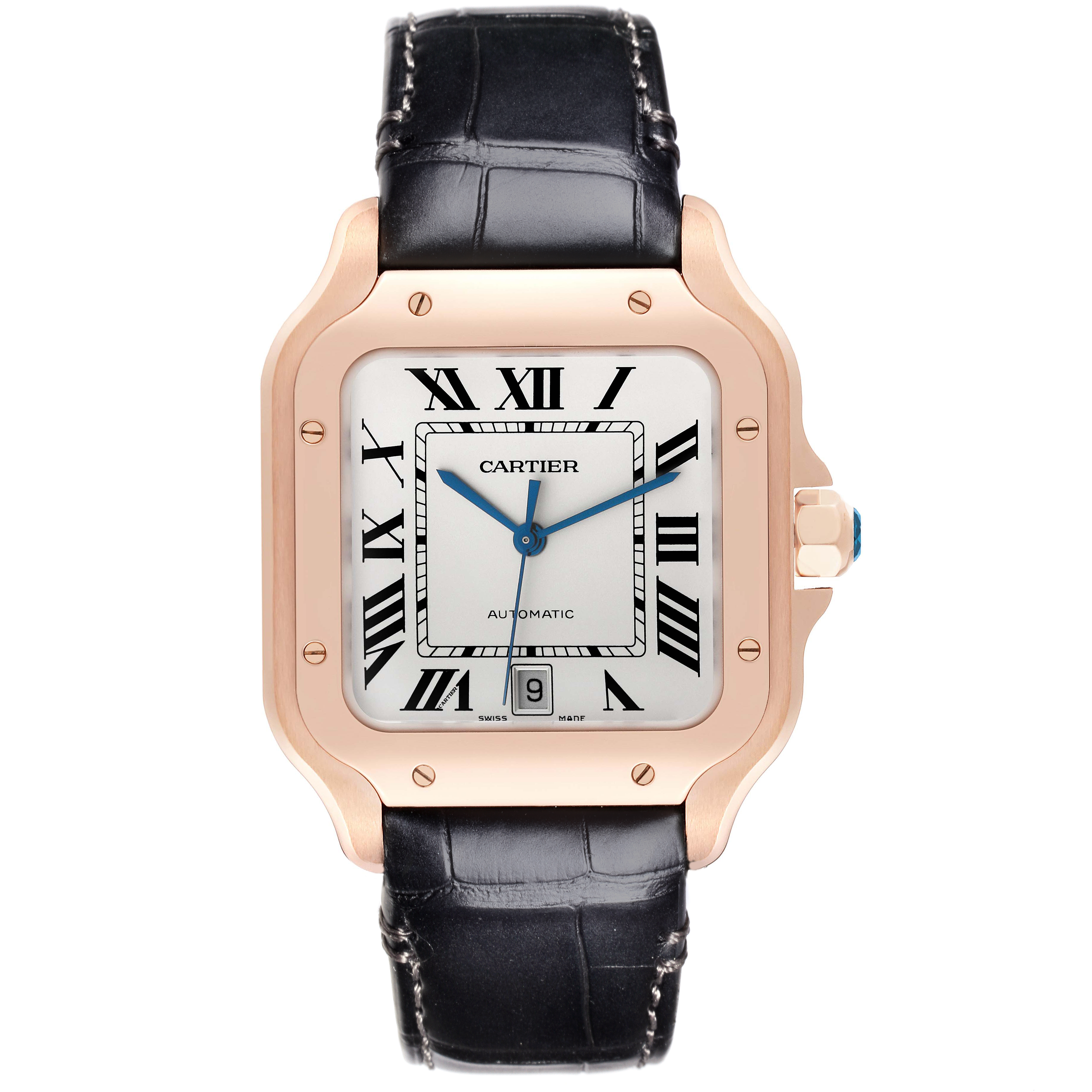 The image shows a front view of a Cartier Santos WGSA0019 Men's Rose Gold Silver Dial WGSA0019 Men's Rose Gold Silver Dial watch, highlighting its dial, bezel, and leather strap.
