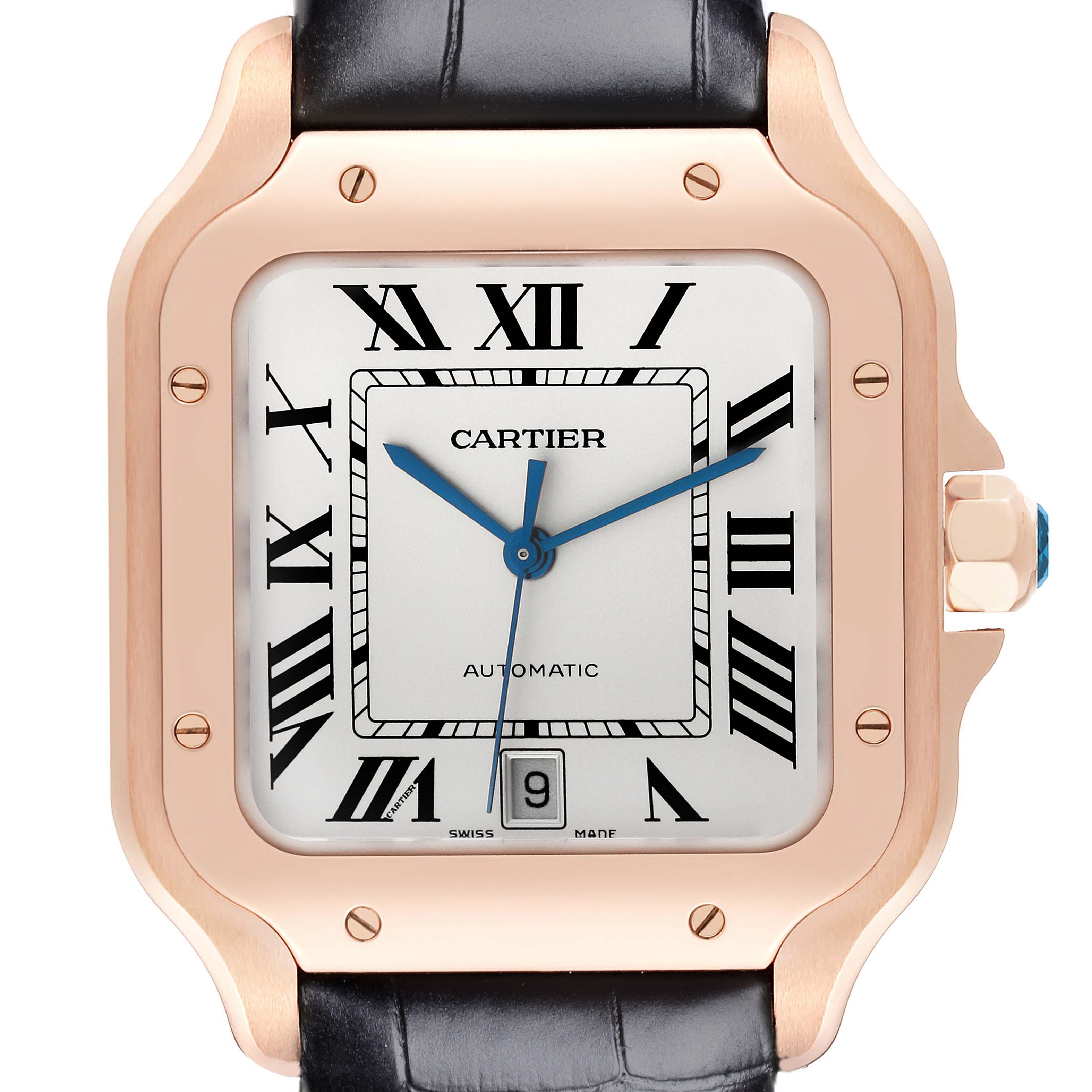 The image shows a close-up front view of the Cartier Santos WGSA0019 Men's Rose Gold Silver Dial WGSA0019 Men's Rose Gold Silver Dial watch, highlighting the dial, bezel, and crown.