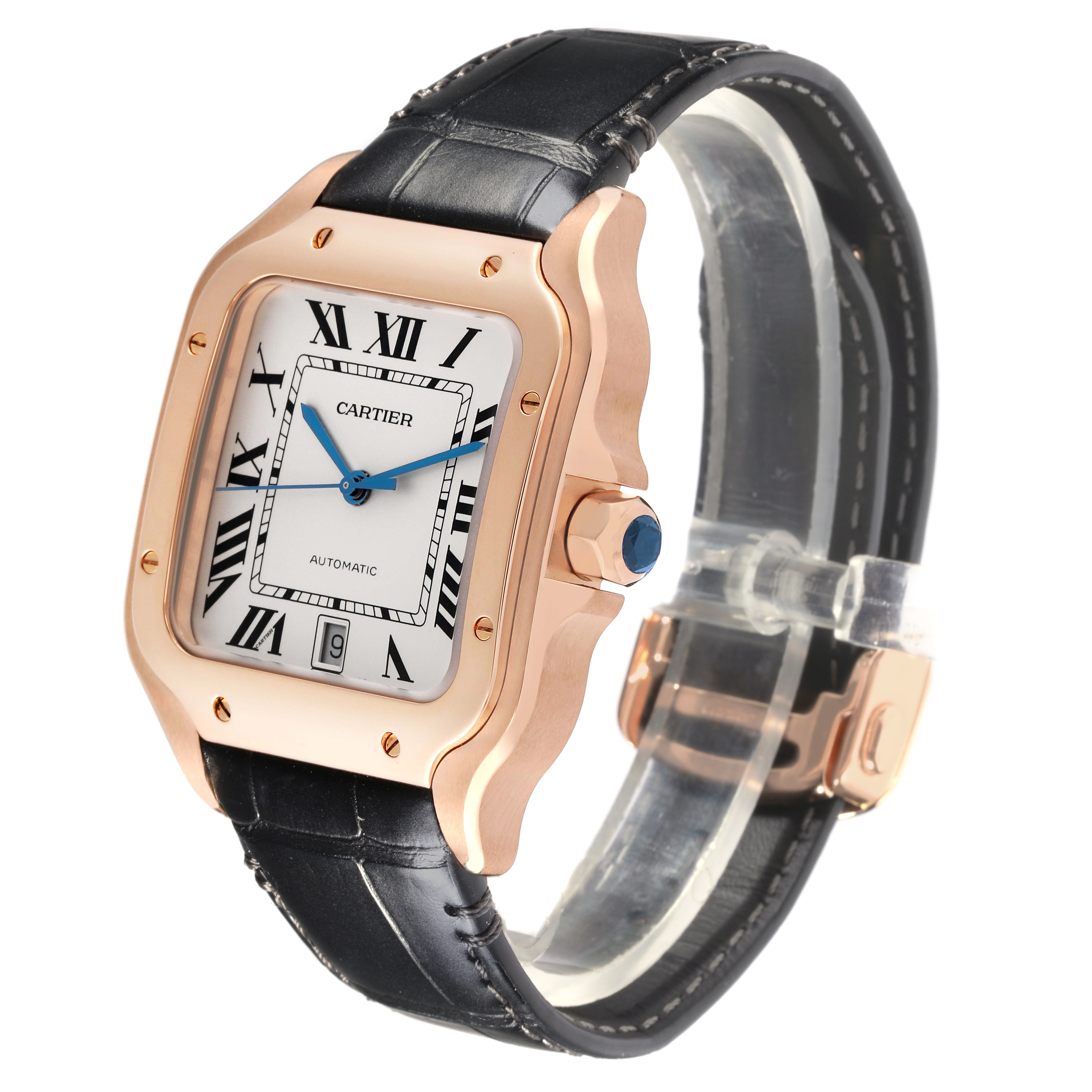 The Cartier Santos WGSA0019 Men's Rose Gold Silver Dial WGSA0019 Men's Rose Gold Silver Dial watch is shown at a three-quarter angle, highlighting the dial, bezel, crown, and leather strap.