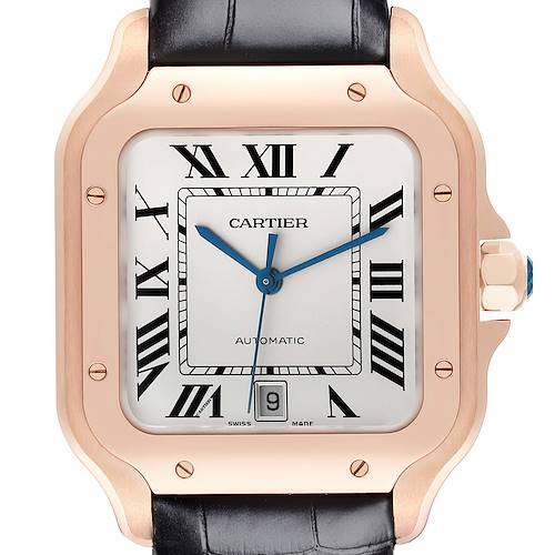 This image shows the front view of a Cartier Santos watch, highlighting the dial, bezel, and crown.