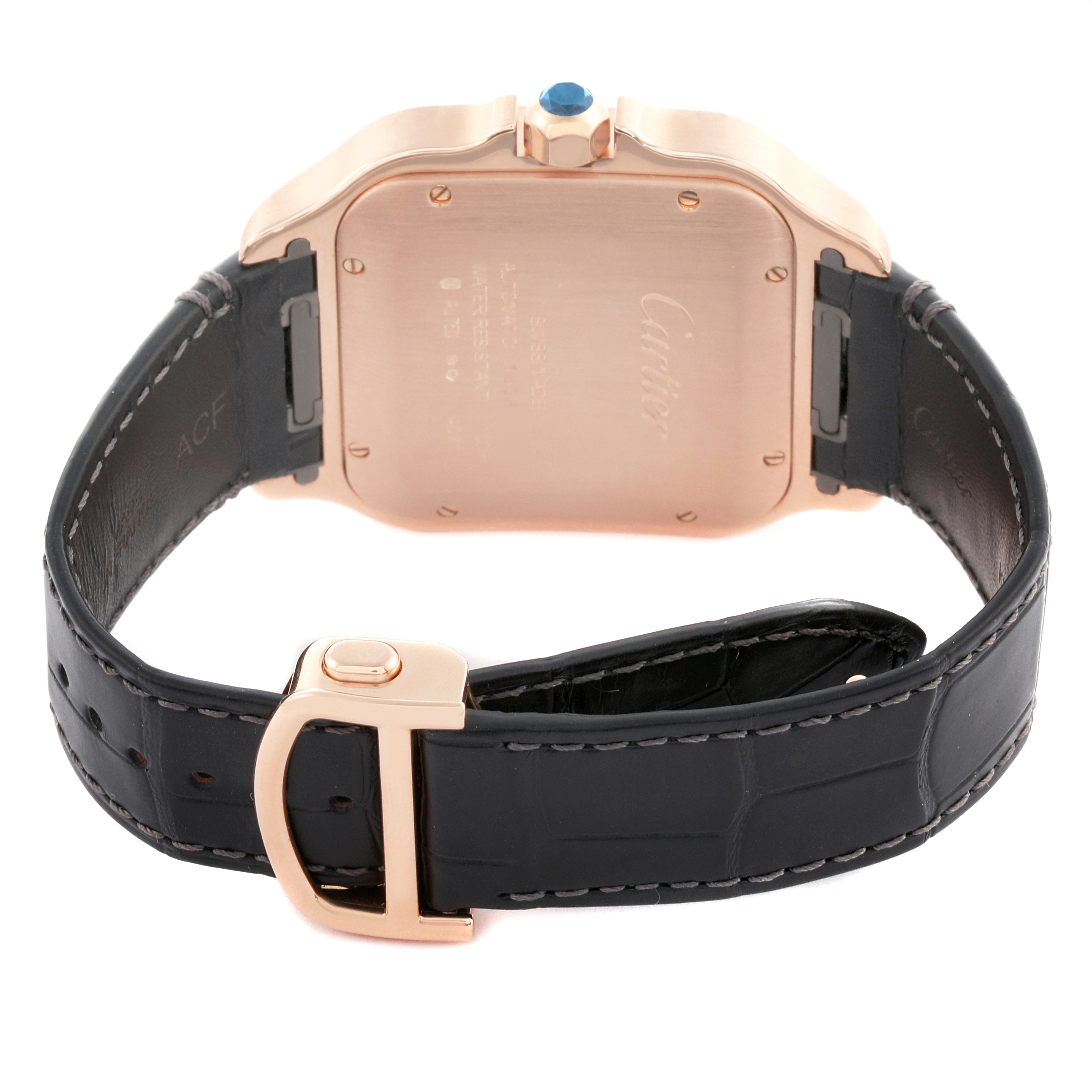 The Cartier Santos WGSA0019 Men's Rose Gold Silver Dial WGSA0019 Men's Rose Gold Silver Dial watch is shown from the back, highlighting the case back, leather strap, and buckle.