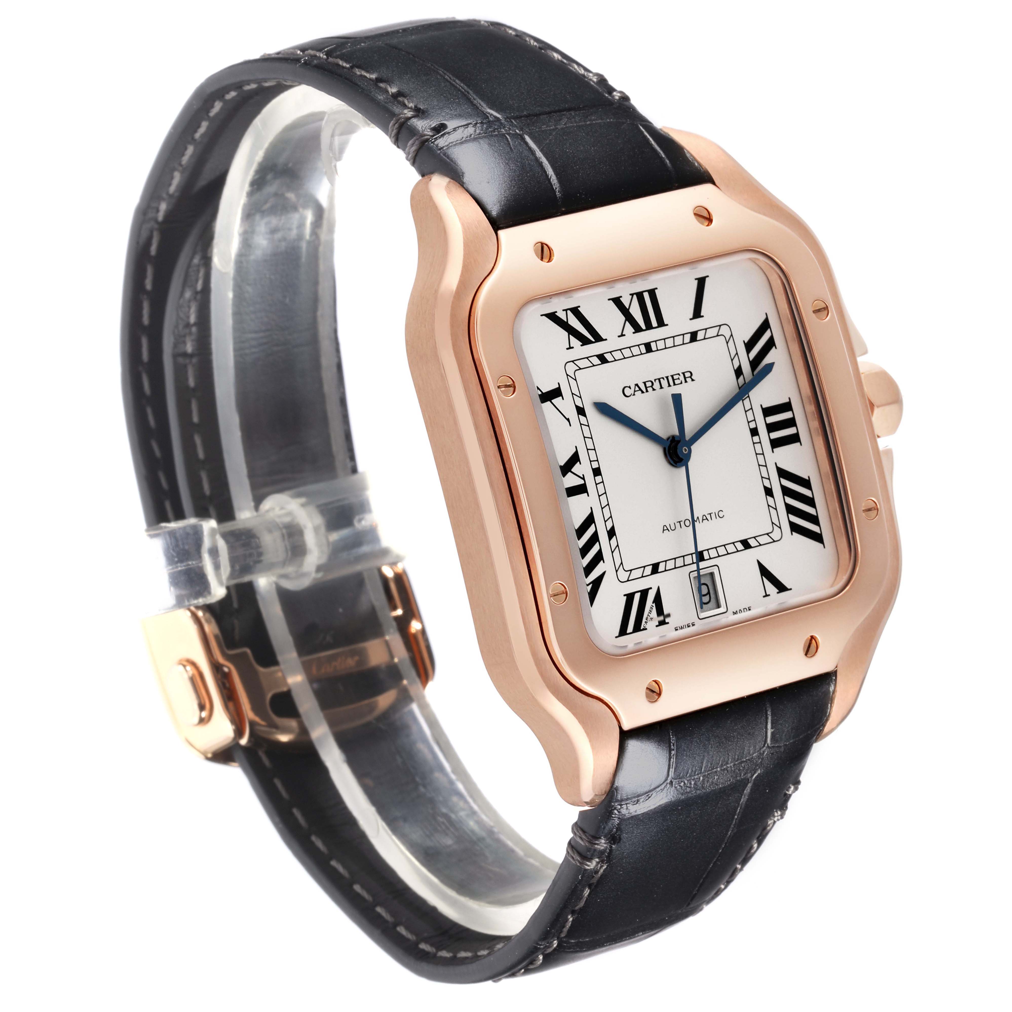 The Cartier Santos WGSA0019 Men's Rose Gold Silver Dial WGSA0019 Men's Rose Gold Silver Dial watch is shown at a three-quarter angle, highlighting the face, bezel, and strap.