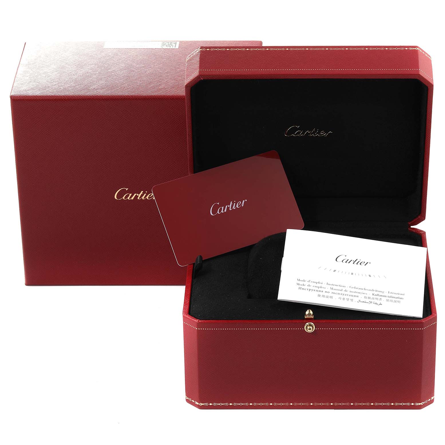 The image shows the packaging, open box, and documentation for a Cartier Santos WGSA0019 Men's Rose Gold Silver Dial WGSA0019 Men's Rose Gold Silver Dial model watch.