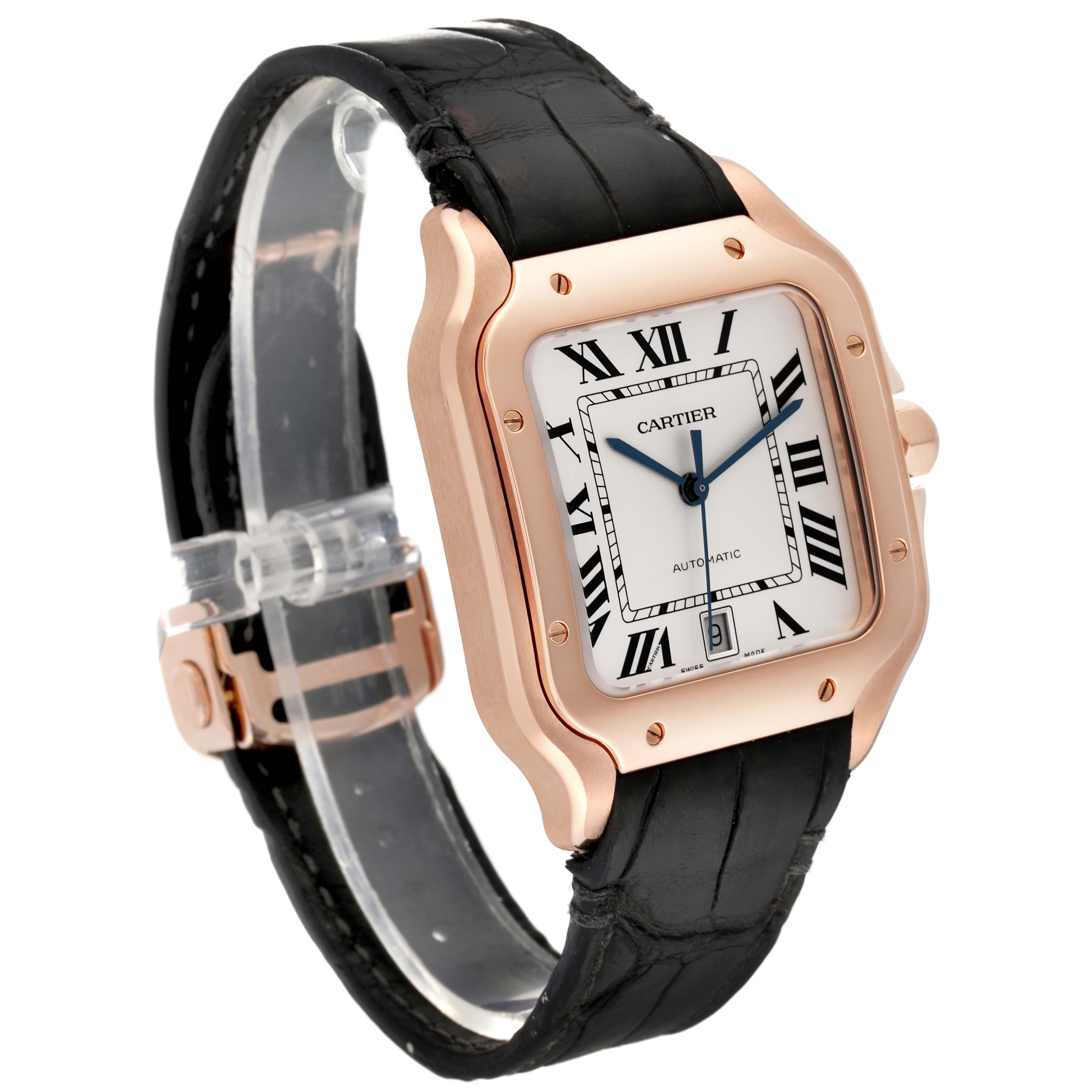 Cartier Santos Large Rose Gold Black Strap Mens Watch WGSA0019 Box Card ...