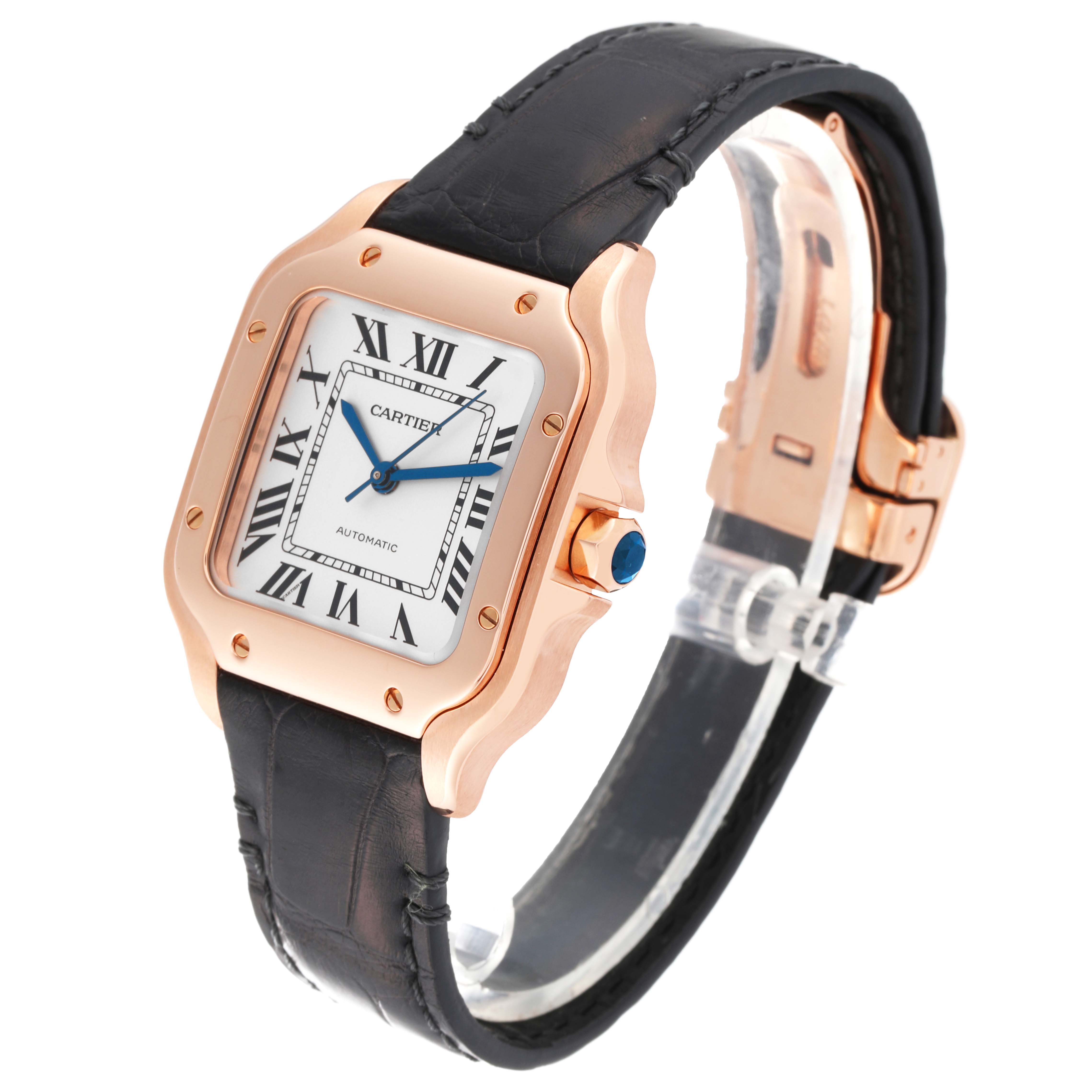 The image shows a front-side angle of the Cartier Santos WGSA0012 Men's Rose Gold Silver Dial WGSA0012 Men's Rose Gold Silver Dial watch, displaying its square face, Roman numerals, and black leather strap.
