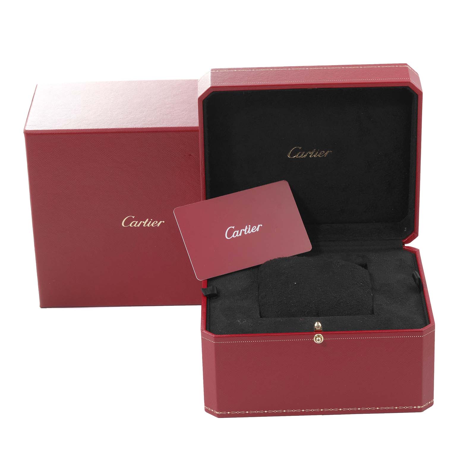 The image shows a red Cartier Santos WGSA0012 Men's Rose Gold Silver Dial WGSA0012 Men's Rose Gold Silver Dial watch box and accessory case, including the cardboard outer box and a warranty/authenticity card.