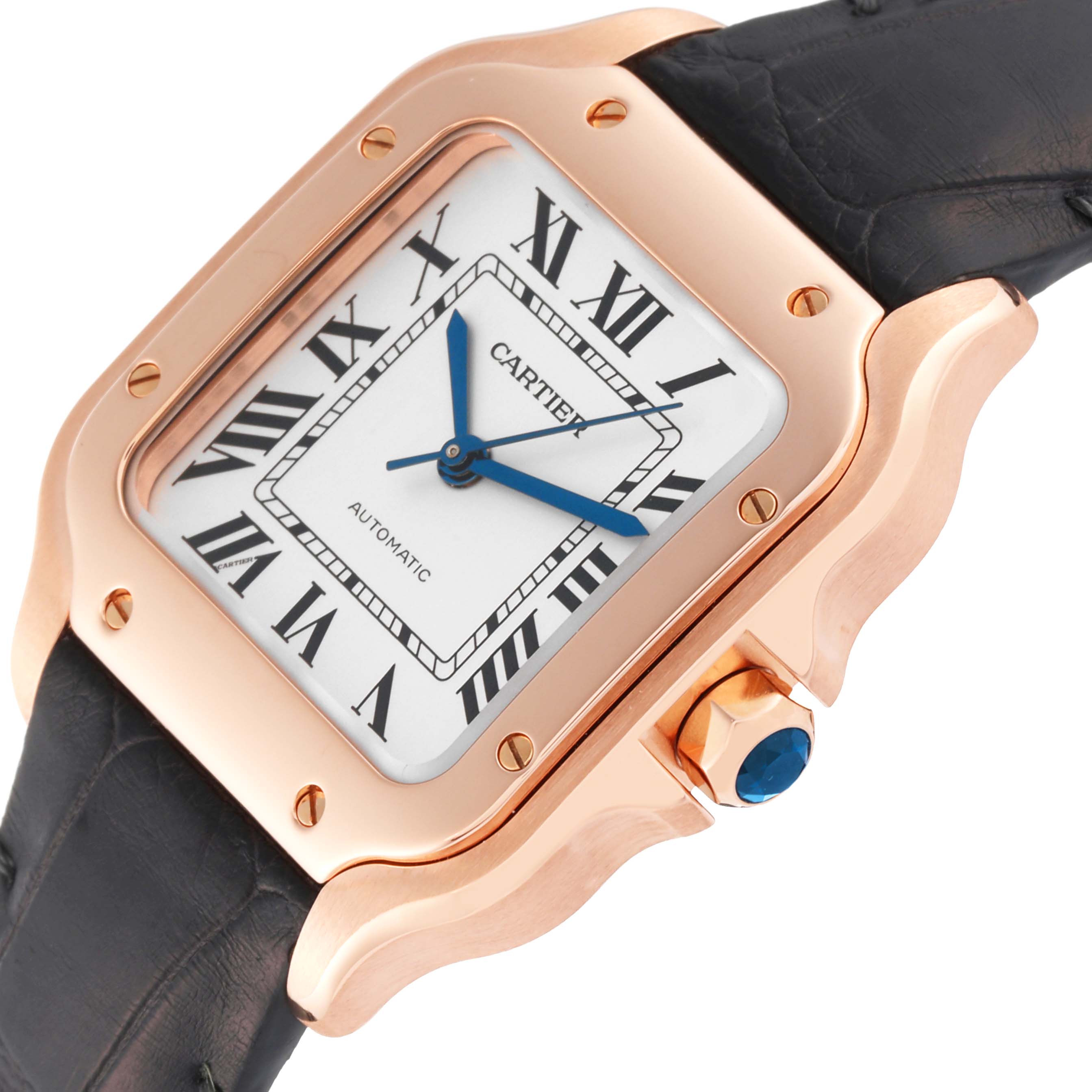 The image shows a Cartier Santos WGSA0012 Men's Rose Gold Silver Dial WGSA0012 Men's Rose Gold Silver Dial watch at an angled view, highlighting its dial, blue hands, and crown with a blue cabochon.