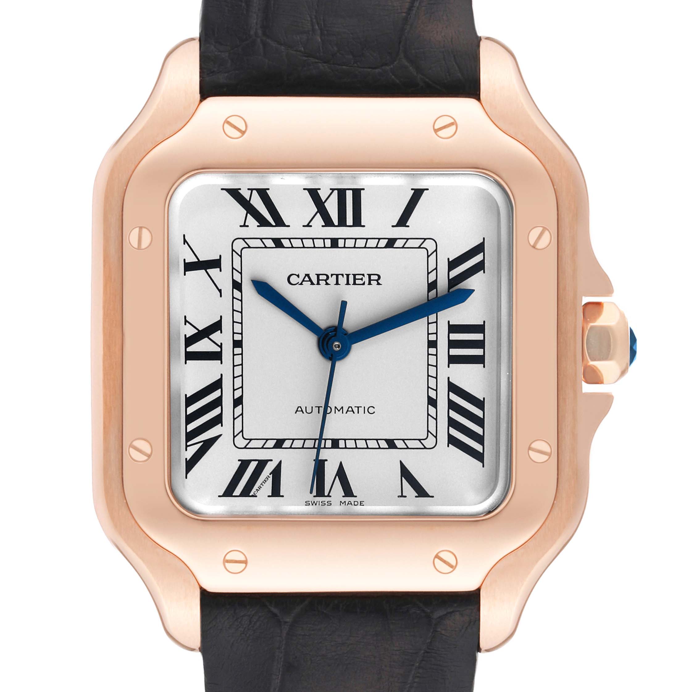 The image shows a front view of the Cartier Santos WGSA0012 Men's Rose Gold Silver Dial WGSA0012 Men's Rose Gold Silver Dial watch, highlighting its rose gold case, Roman numeral dial, and black leather strap.