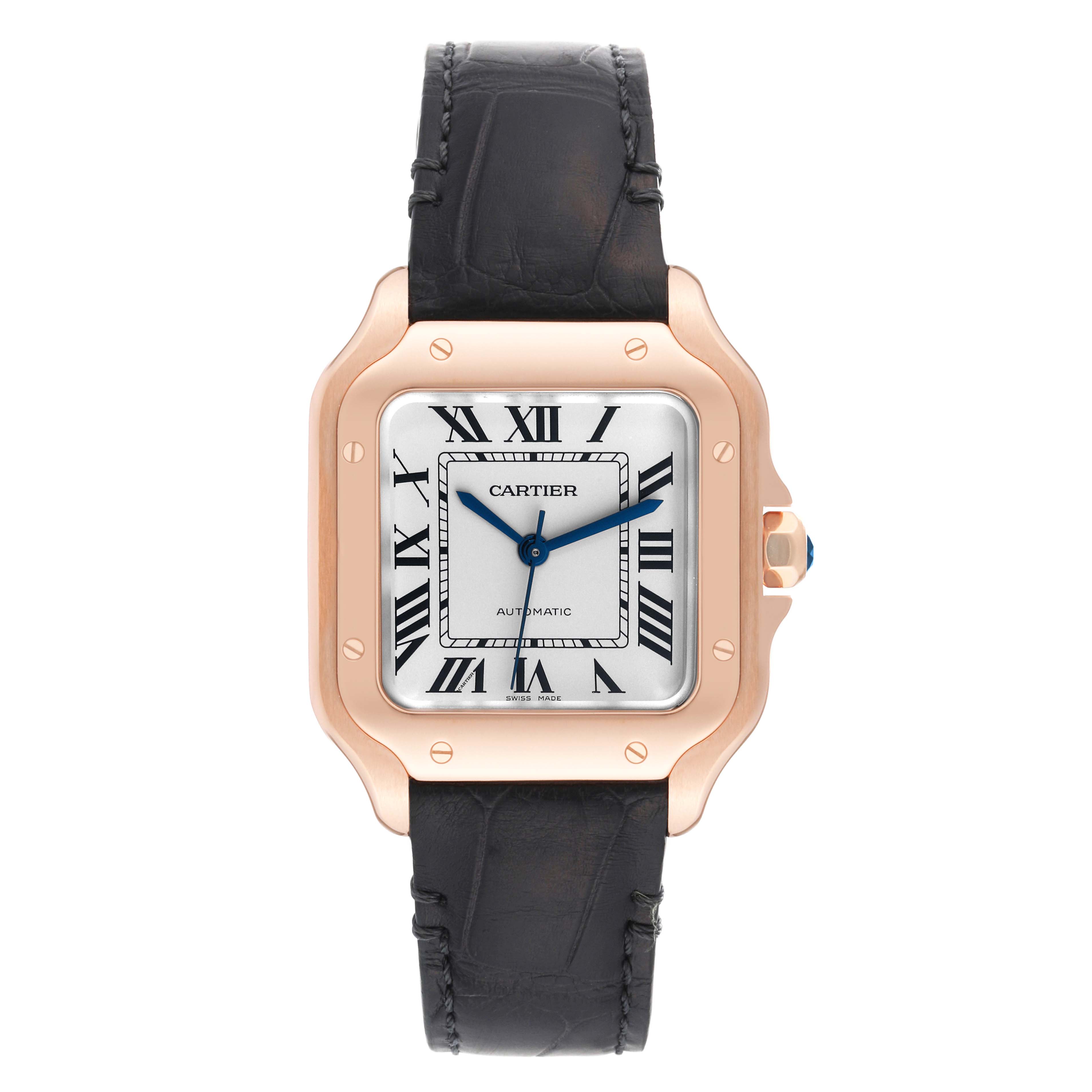 The image shows a Cartier Santos WGSA0012 Men's Rose Gold Silver Dial WGSA0012 Men's Rose Gold Silver Dial watch from the front, displaying the face, bezel, and black leather strap.