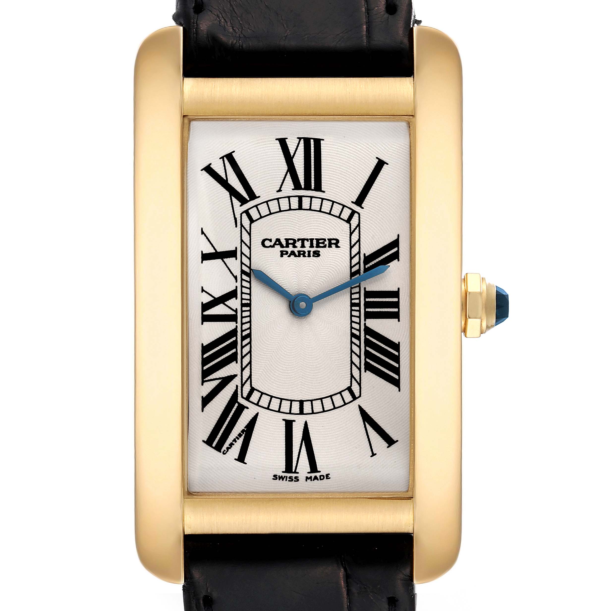 The image shows a front view of the Cartier Tank Americaine 1735 Men's Yellow Gold Silver Dial 1735 Men's Yellow Gold Silver Dial watch featuring its rectangular dial, Roman numerals, and leather strap.