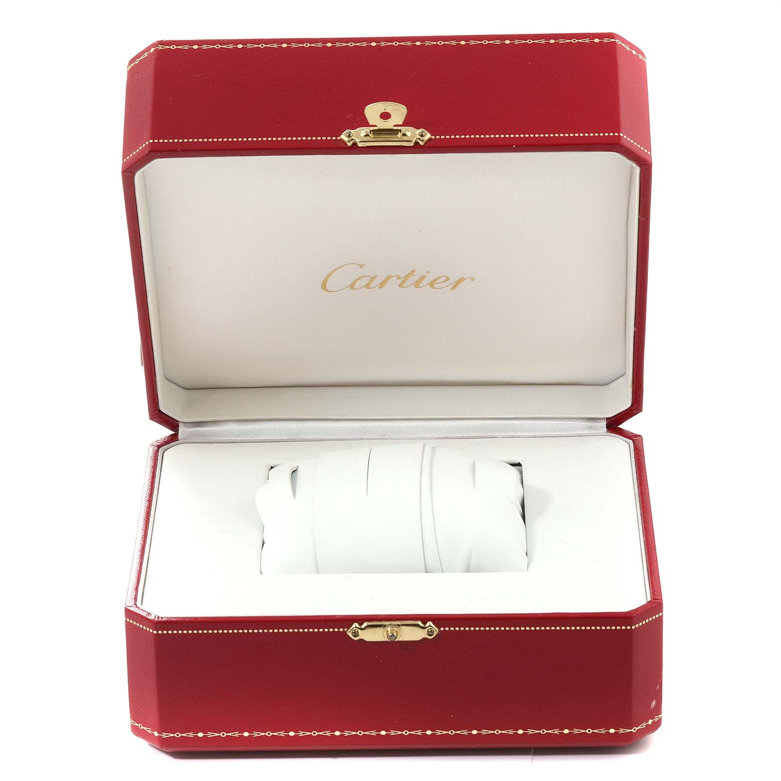 This is an open Cartier watch box for the Tank Americaine model, showing the inner cushioning.