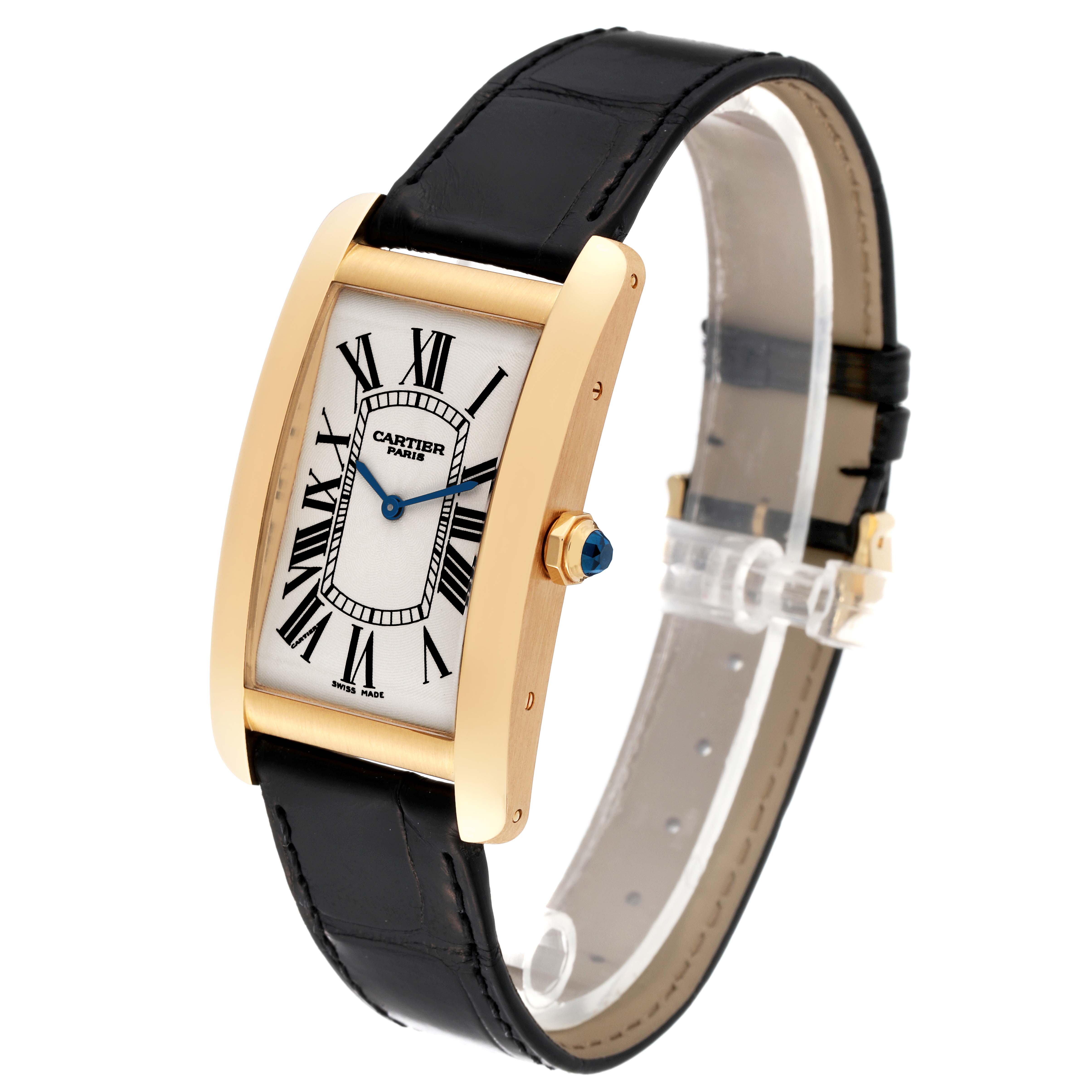 The Cartier Tank Americaine 1735 Men's Yellow Gold Silver Dial 1735 Men's Yellow Gold Silver Dial watch is shown at a three-quarter angle, highlighting its face, case, and strap.