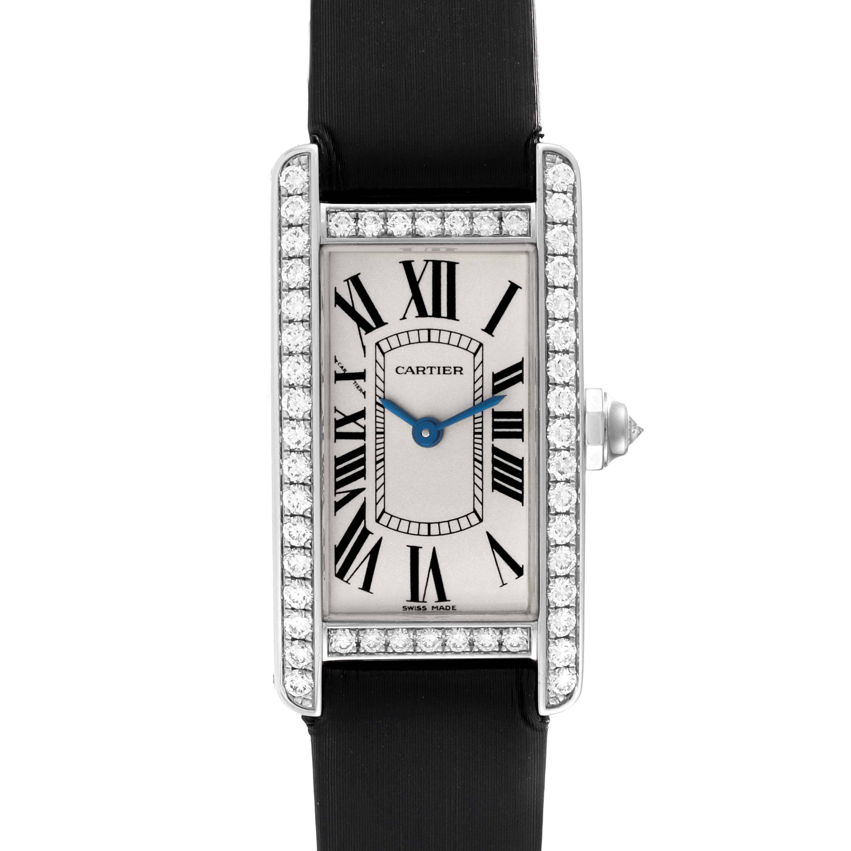 This is a frontal view of the Cartier Tank Americaine WB707331 Women's White Gold Silver Dial WB707331 Women's White Gold Silver Dial watch, showing the dial, strap, and diamond-studded bezel.
